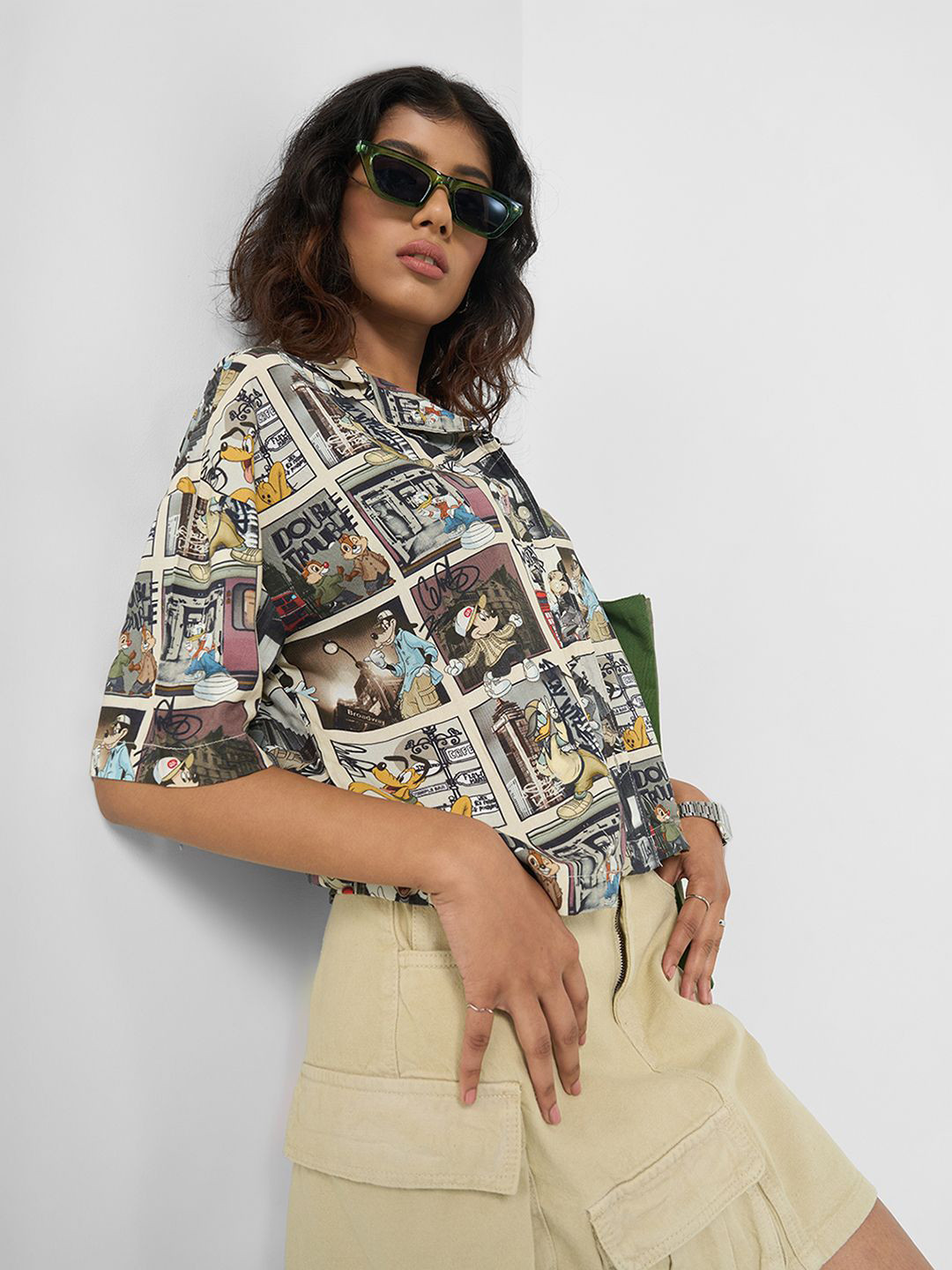 People Mickey & Friends Graphic Printed Lapel Collar Boxy Casual Shirt