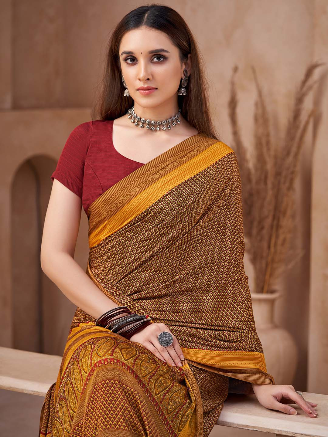 KALINI Mustard Crepe  Printed Daily Wear Saree