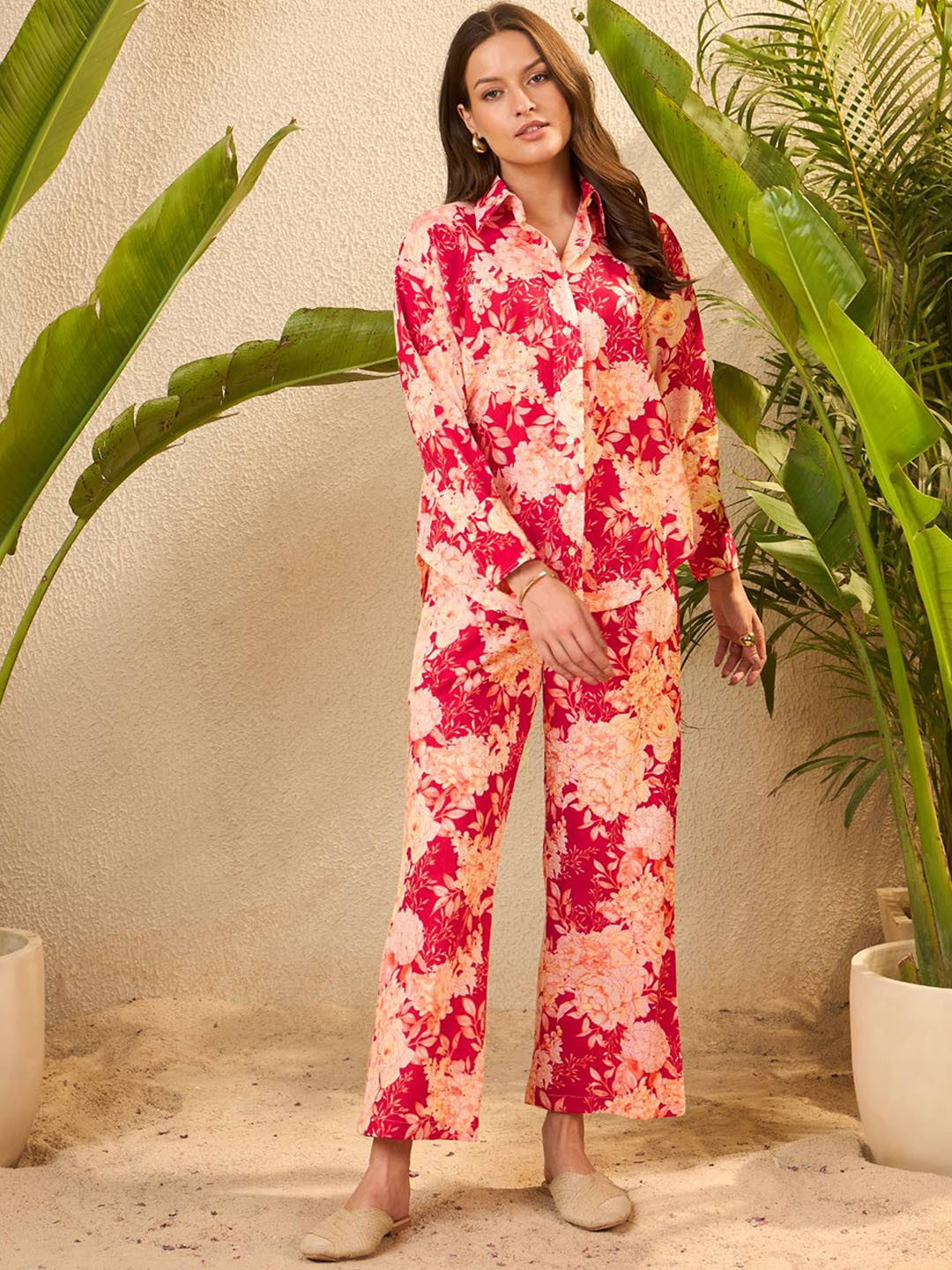 IMANA Printed Collar Neck Top With Trousers Co-Ords