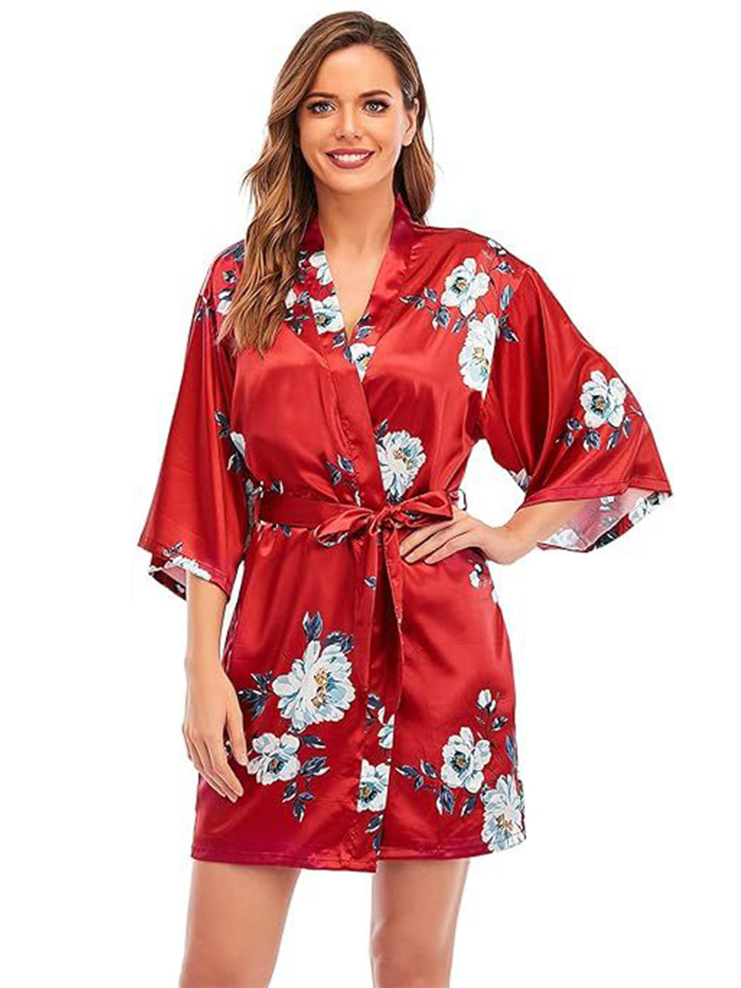 For You For Me Women 2 PC Floral Printed Flared Sleeves Wrap Nightdress