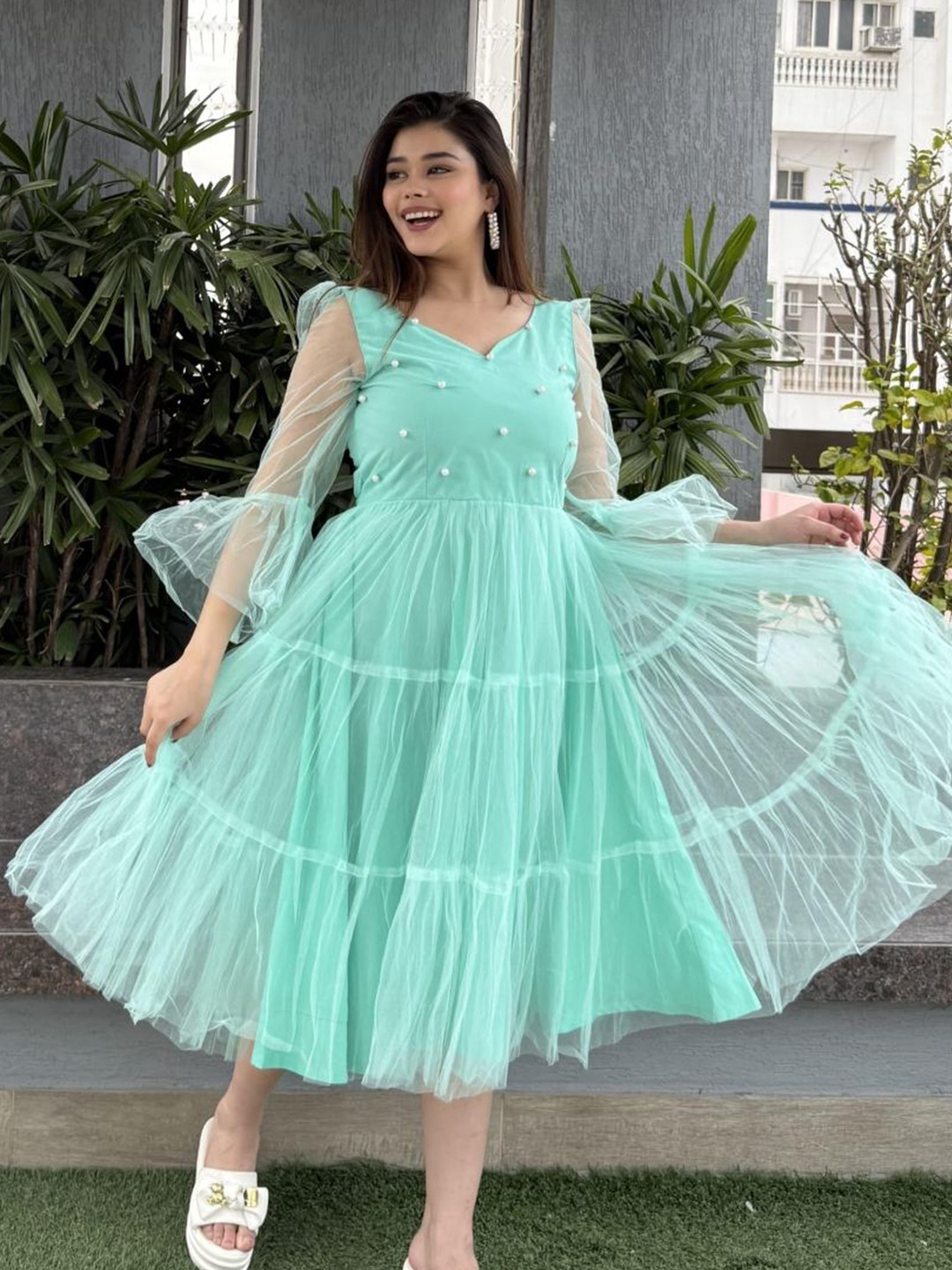 Swadeshi Shringaar Women Mint Green Flared Short Dress