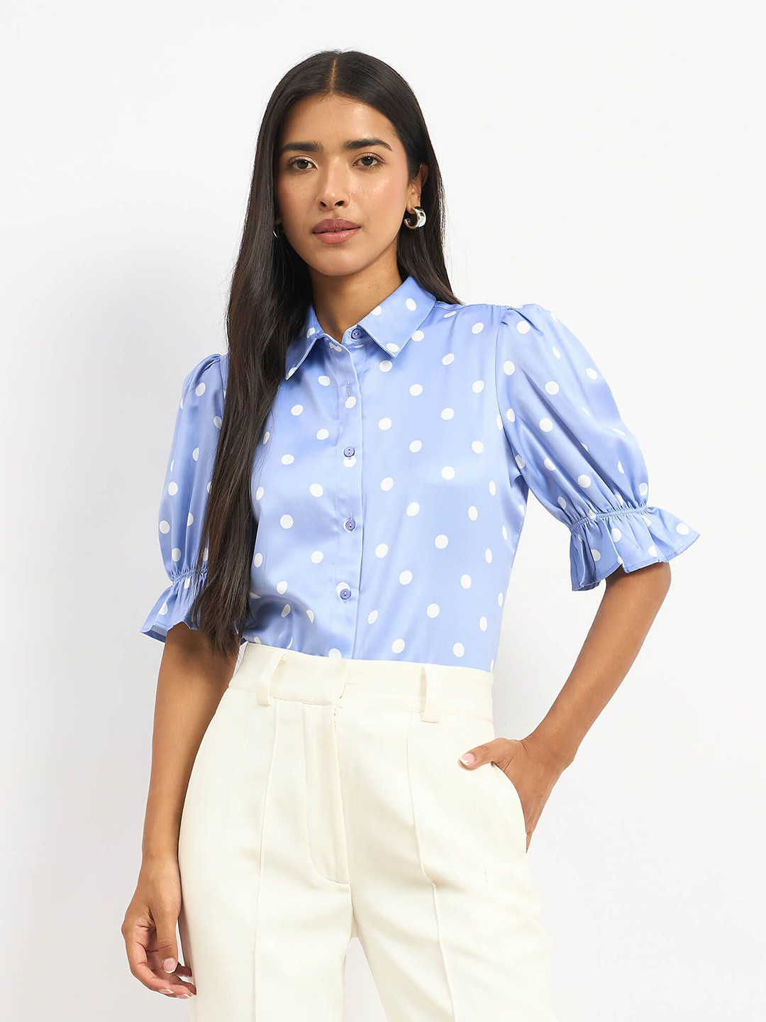 SALT ATTIRE Smart Polka Dot Puff Sleeves Formal Shirt