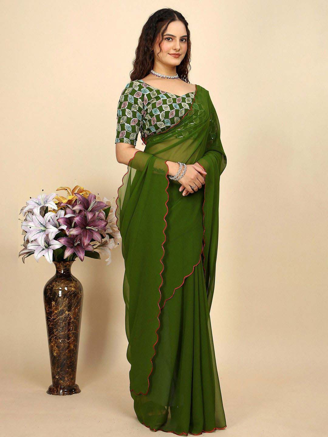 K 5 Fashion Solid Daily Pure Georgette Saree