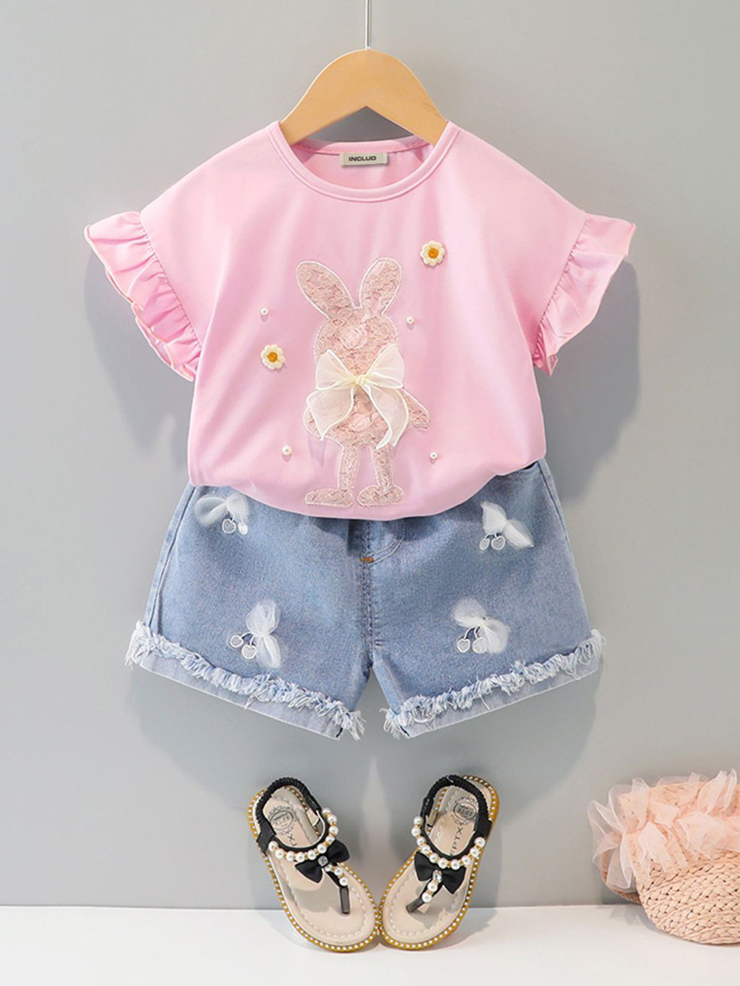 INCLUD Girls Embroidered Extended Sleeves T-shirt With Shorts