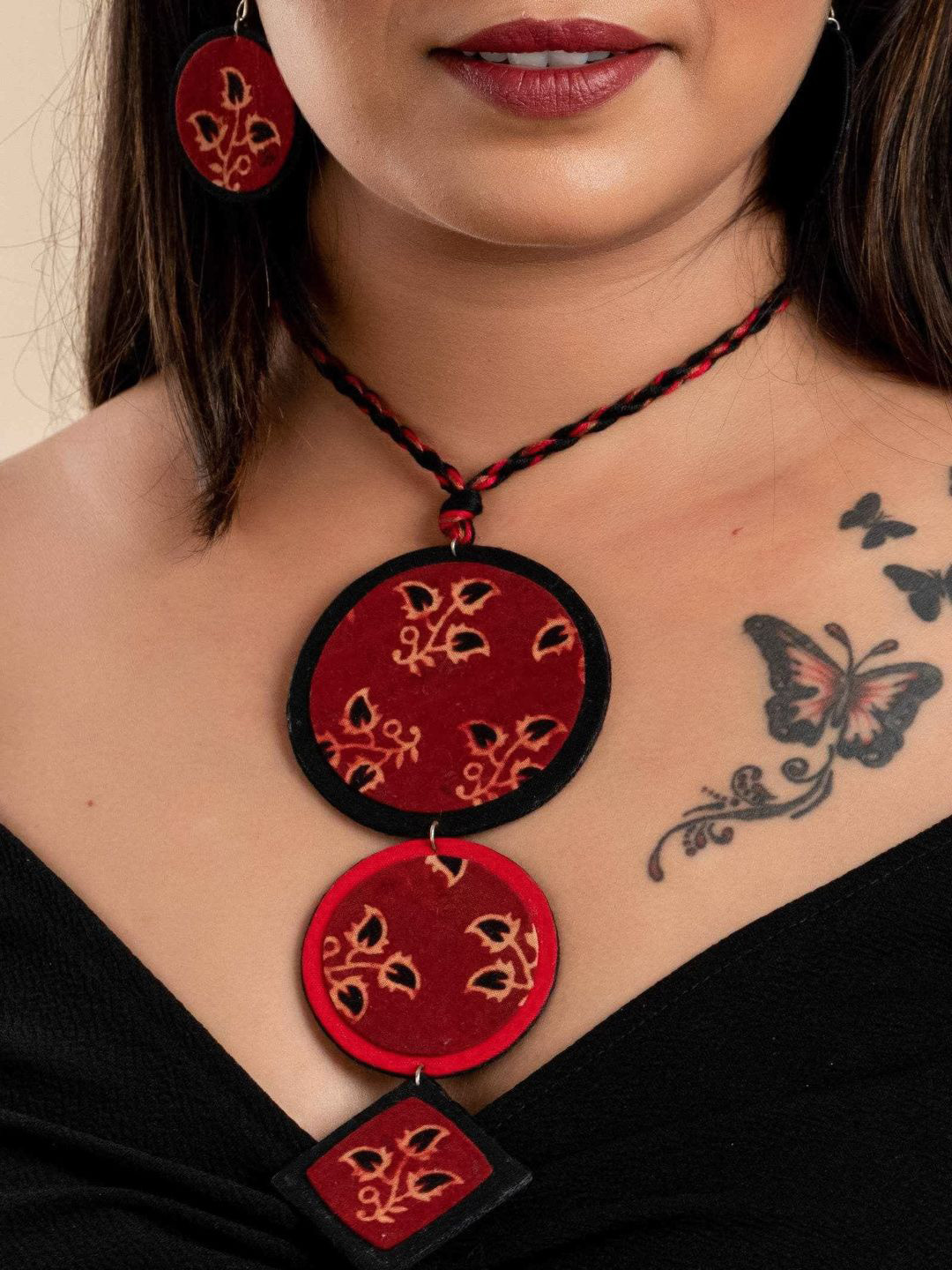 Look and Adorn Red Black Ajrakh Cotton Fabric Necklace Set with Earrings