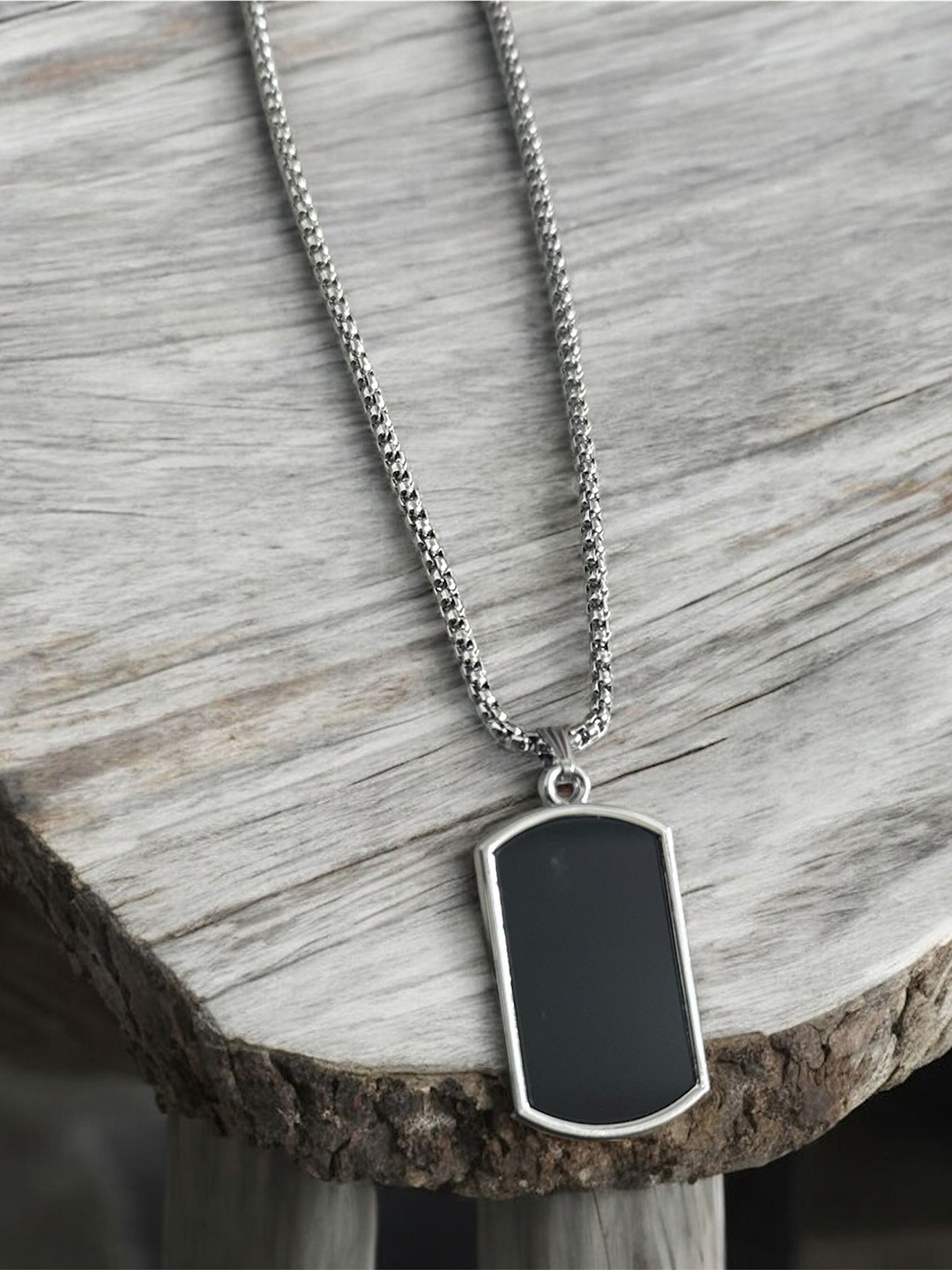 Nitant Men Silver-Plated Rectangle Shaped Pendant with Chain