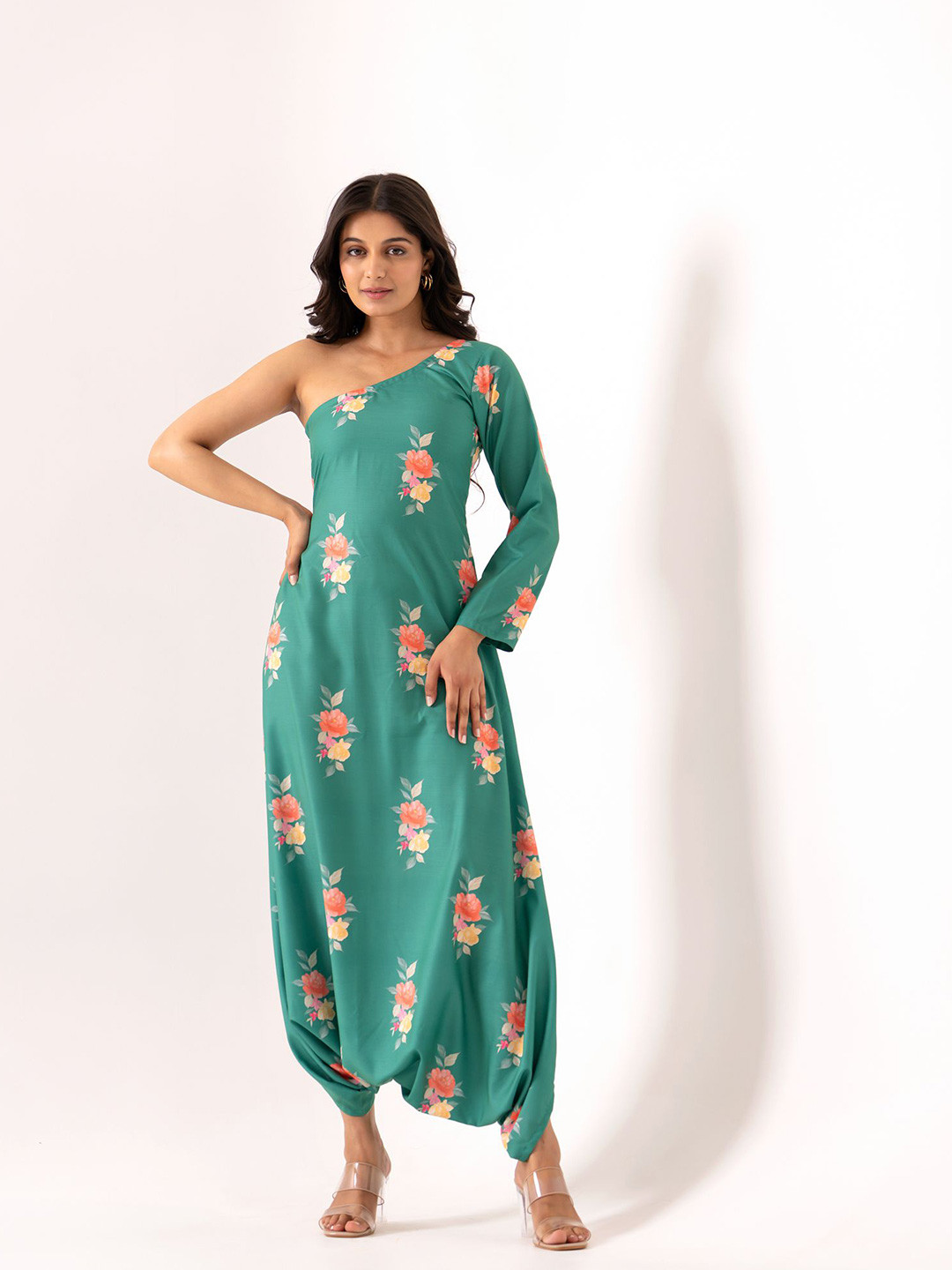 Pasha Jade Green One-Shoulder Dhoti Jumpsuit
