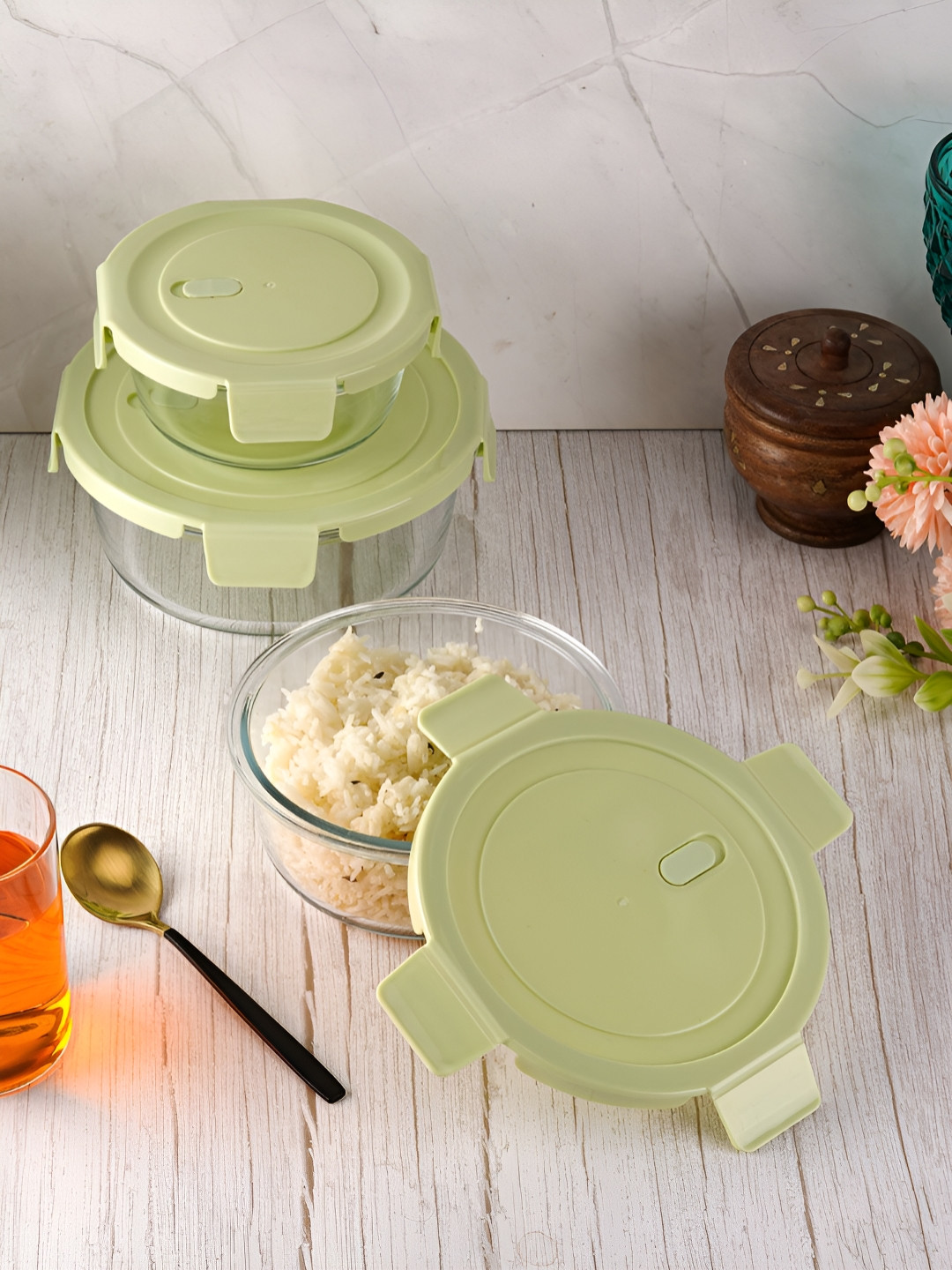Aura Glass Dishwasher and Microwave Safe 3PCs Lunch Box With Spoon and Fork