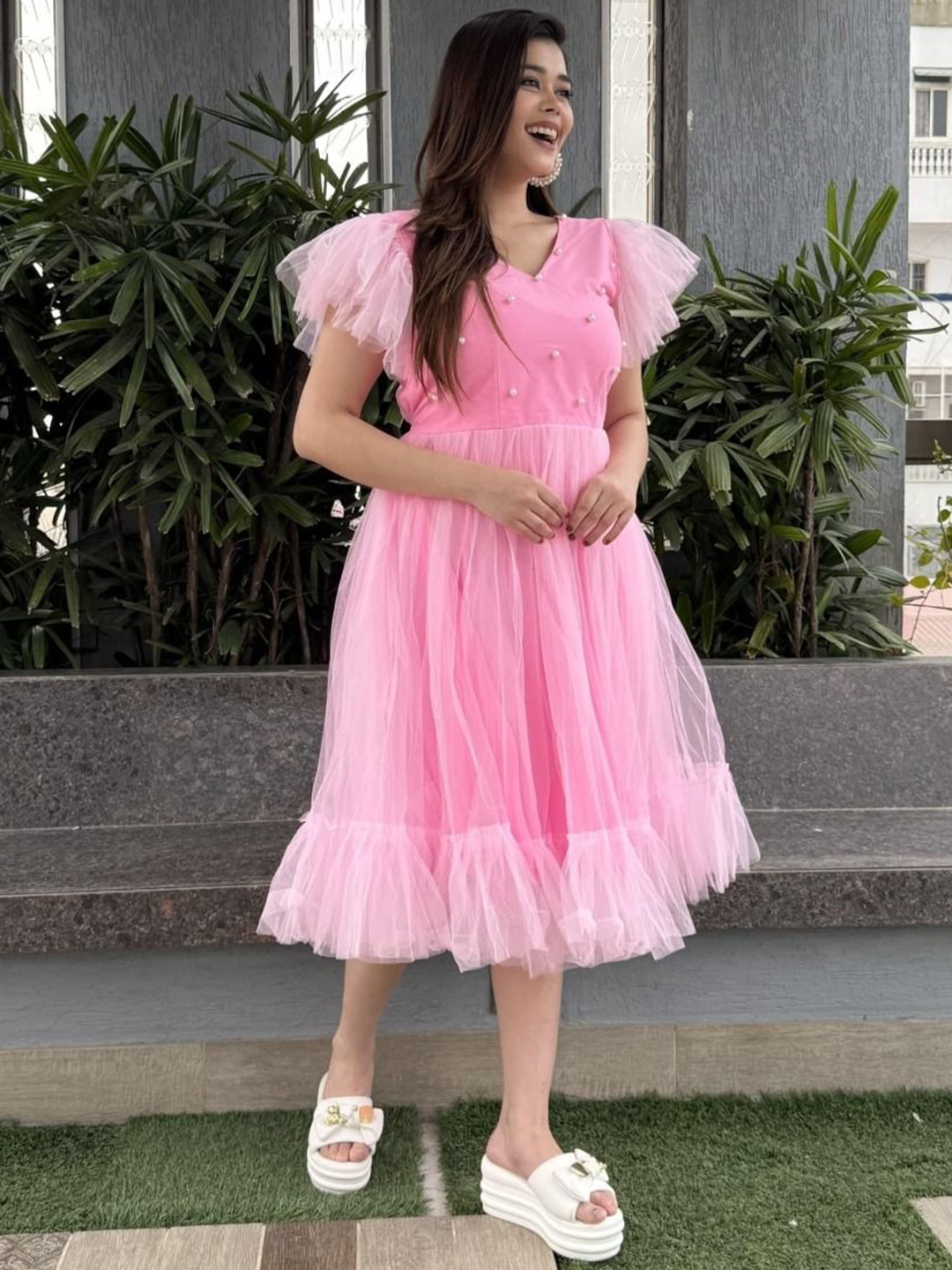 Swadeshi Shringaar Women Baby Pink Pearl Flared Short Dress