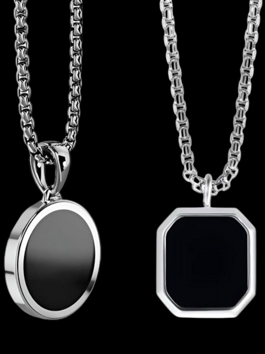 Nitant Set of 2 Men Silver-Plated Square & Circular Pendants with Chains