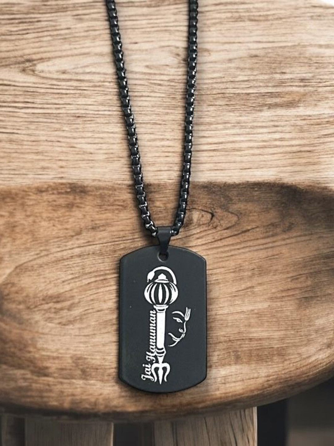 Nitant Men Black Jai Hanuman Printed Rectangular Shaped Pendant with Chain