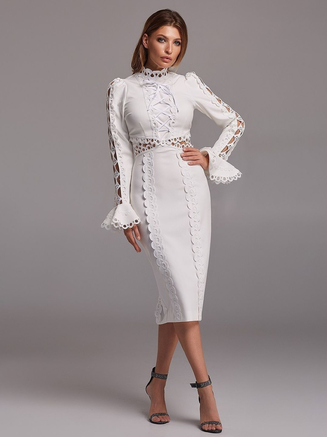 bebe White Mock Neck Ruffle Sleeve Cutout Lace-Up Bodycon Midi Dress