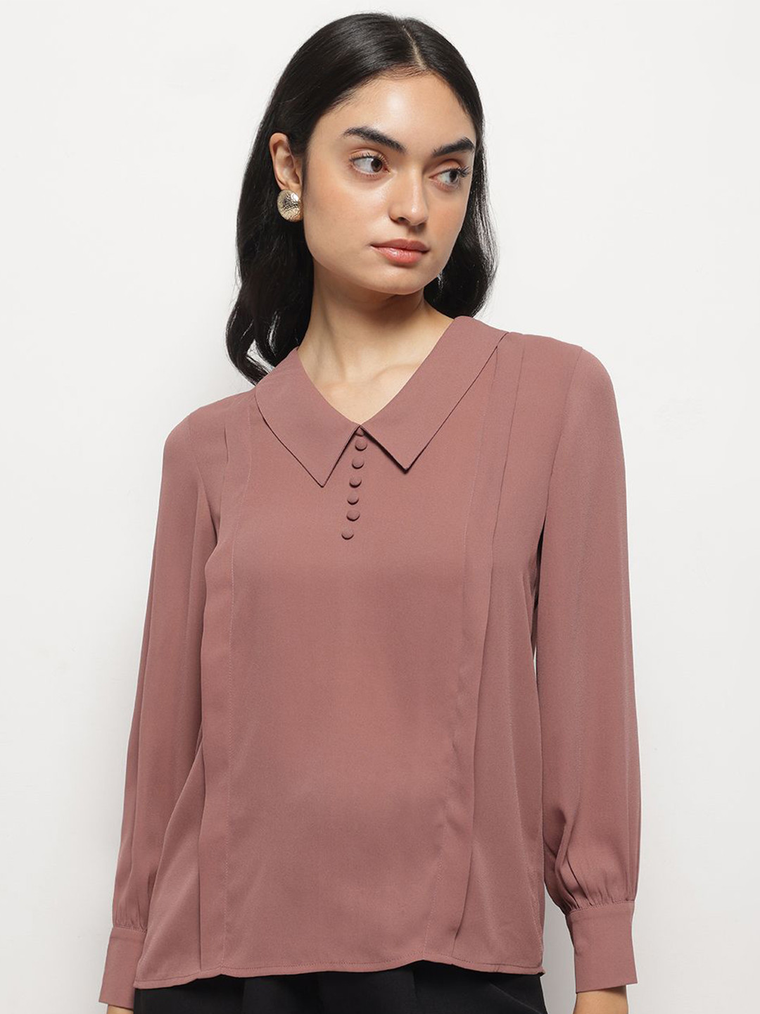 Strong And Brave Women Solid Peter Pan Collar Puff Sleeve Georgette Top