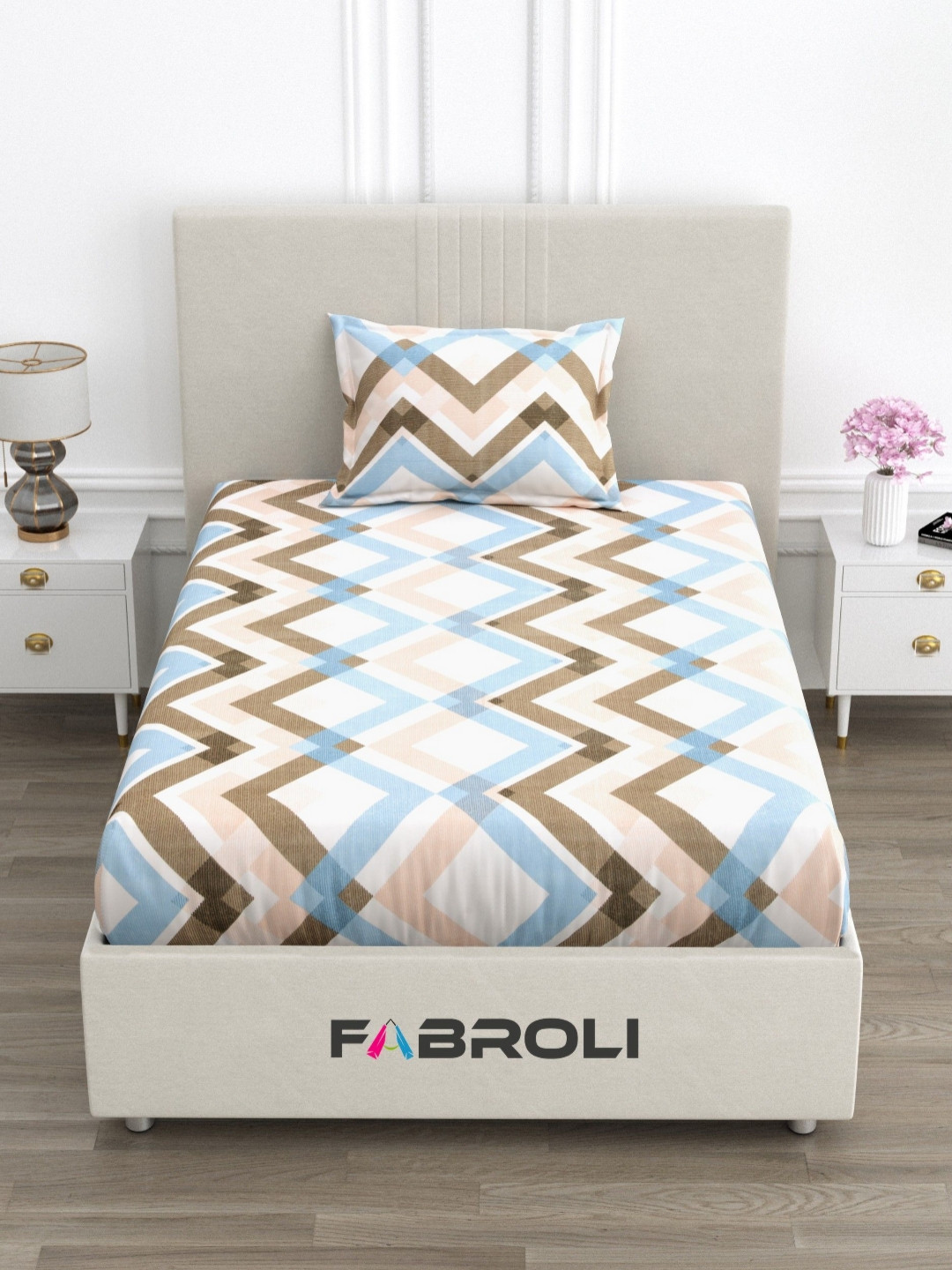 FABROLI Blue Chevron Cotton 300 TC Single Superfine Bedsheet with a Pillow Cover-90 x 60 inches