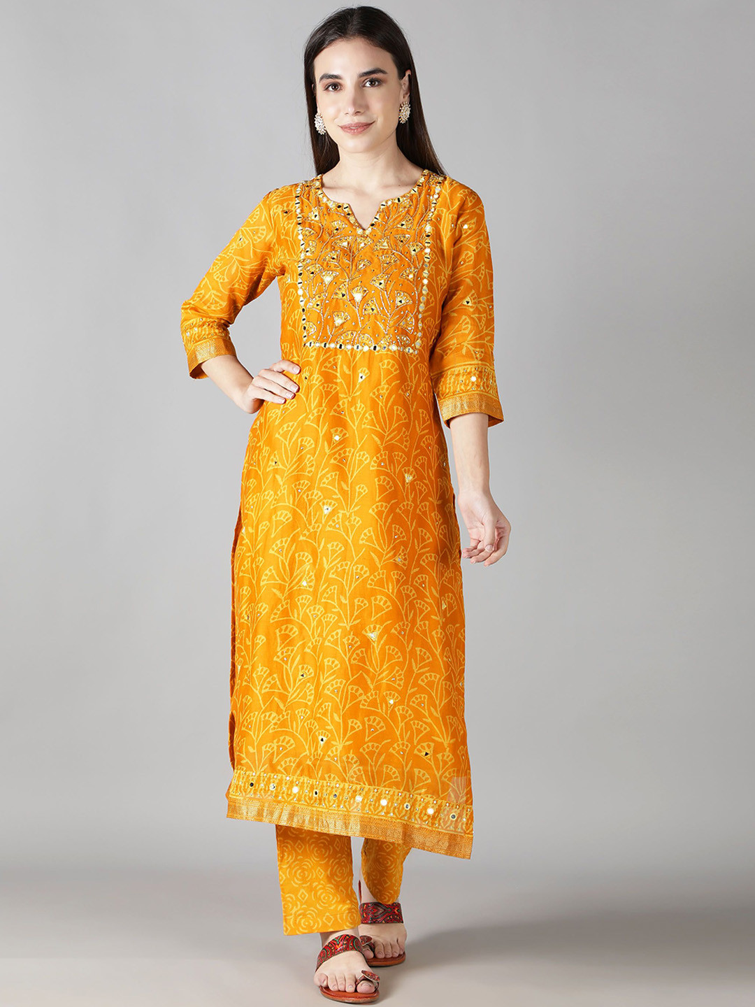 Sheeshakari Floral Printed Mirror Work Pure Silk Kurta With Trousers & Dupatta