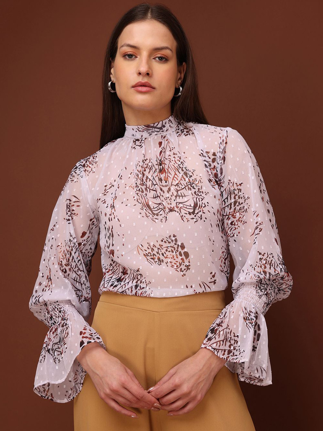 PURVAJA Breeze & Buti Women High Neck Bell Sleeves Georgette Top