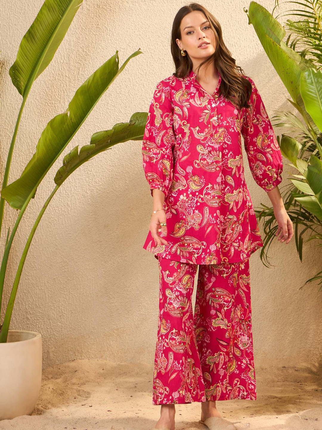 IMANA Printed Collared Neck Top With Palazzos Co-Ords