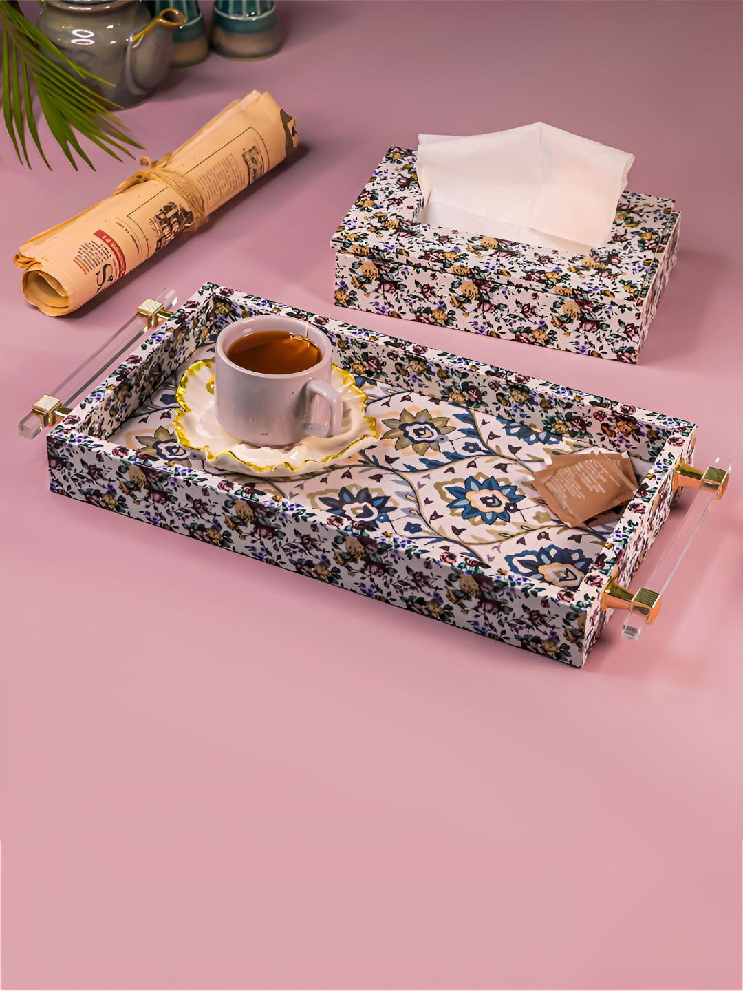 Art Street Blue Printed MDF Easy To Clean Serving Tray & Tissue Holder