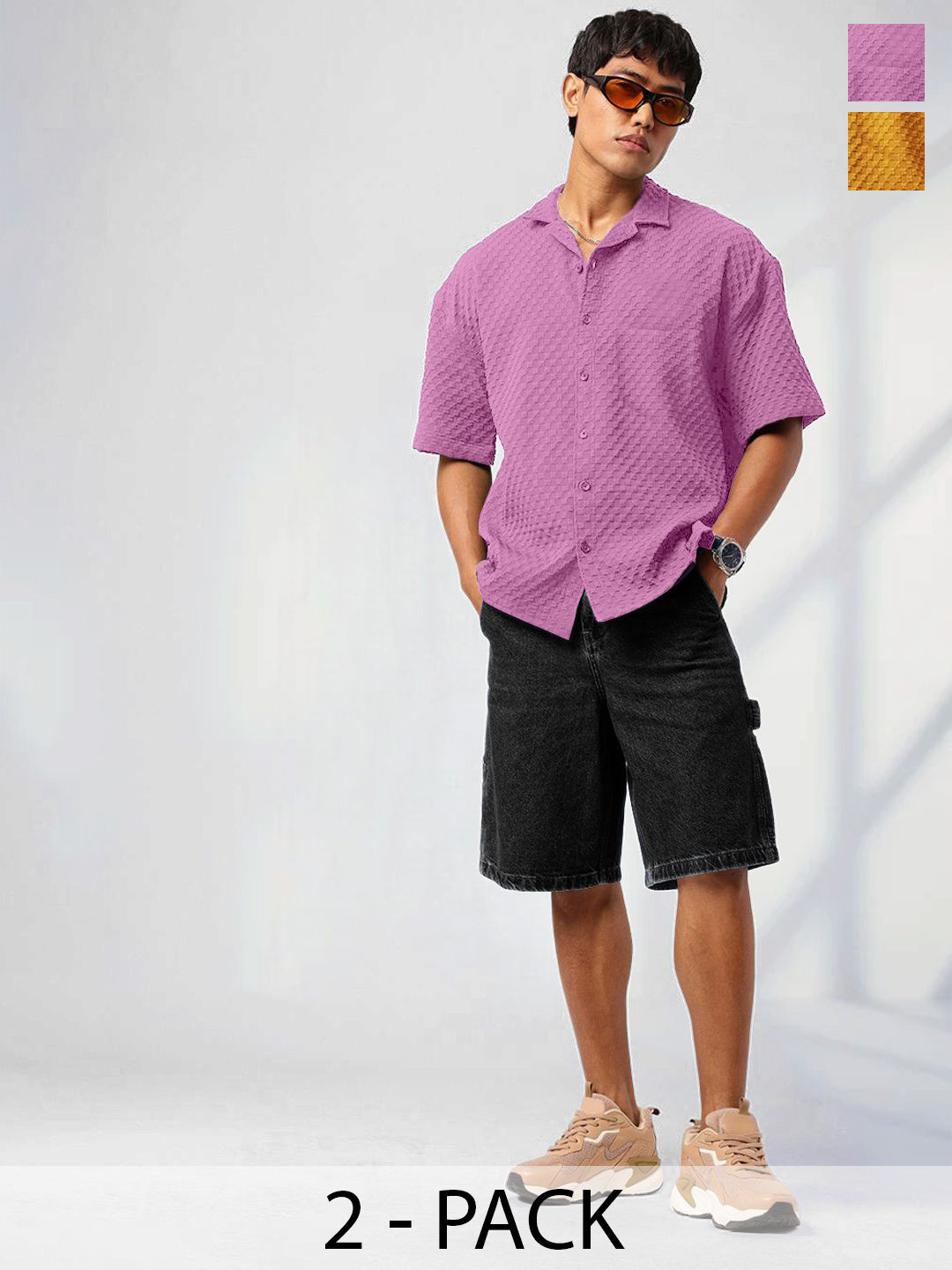 Tee Projekt Pack of 2 Standard Geometric Self Design Short Sleeves Casual Popcorn Shirts