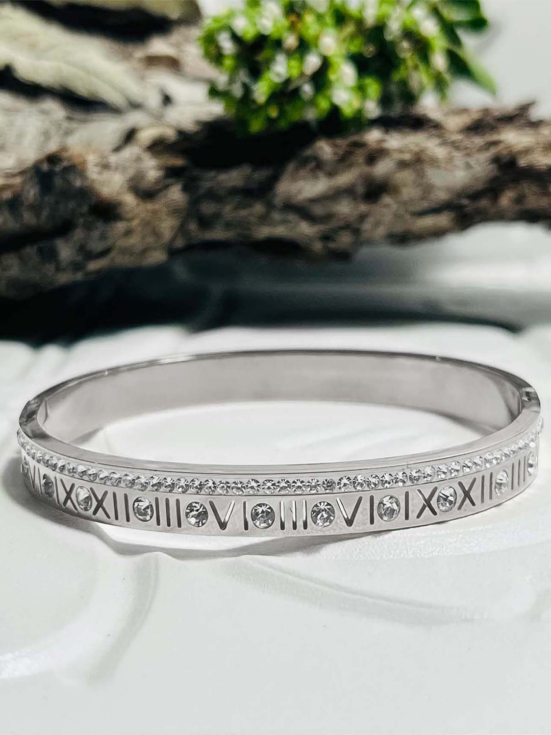 VAMA Women Silver-Plated Stainless Steel StonesStudded Roman Numeral Bangle-Style Bracelet