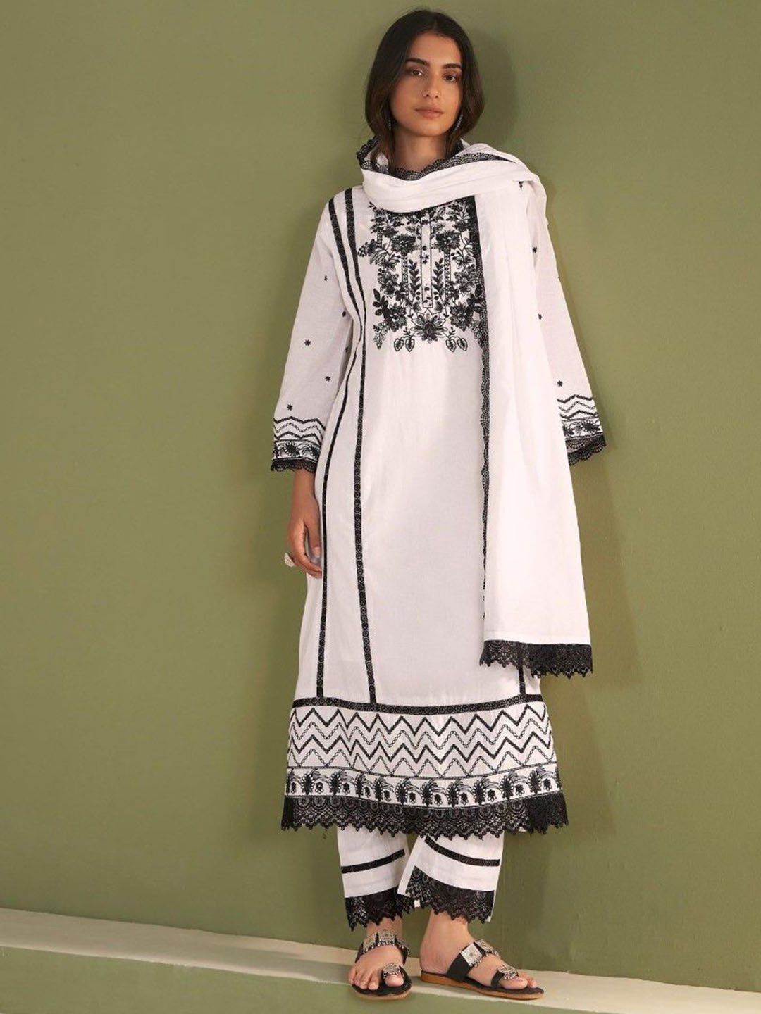AUTUMN LANE Nadira Seashell Floral Embroidered Thread Work Kurta With Trousers & Dupatta