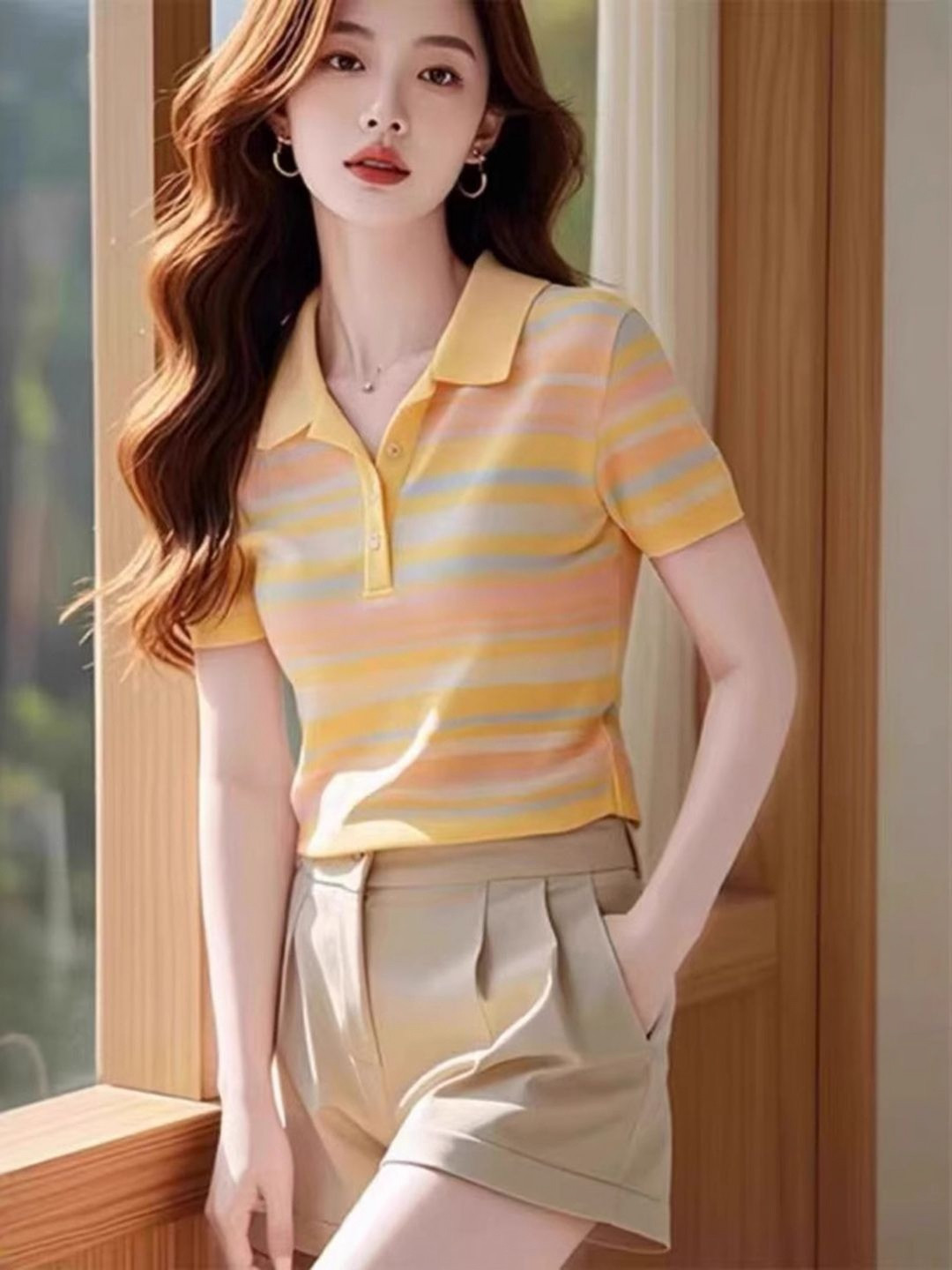 DressBerry Women Striped Polo Collar Cotton T-shirt
