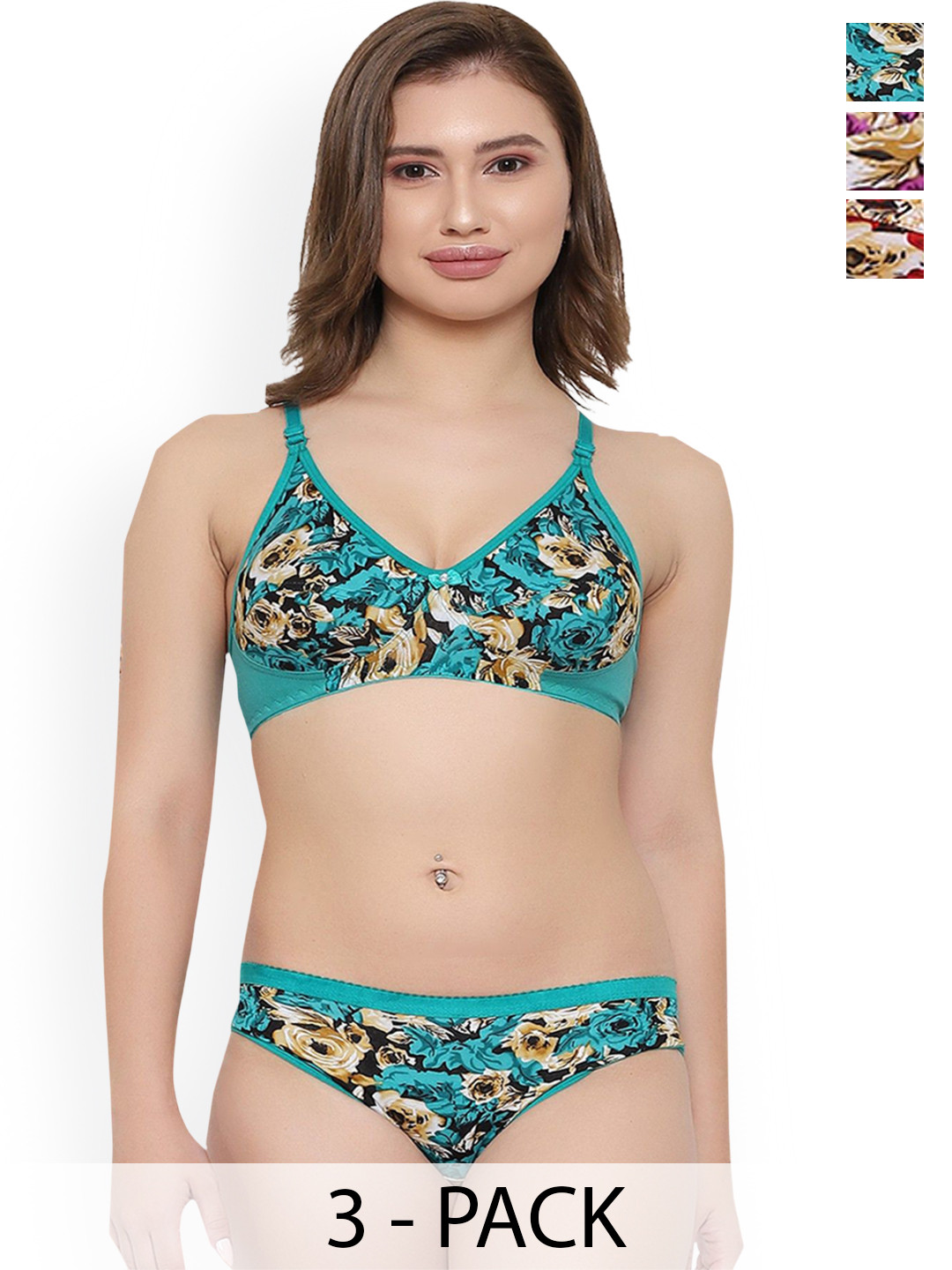 TACE Pack Of 3 Floral Printed Non-Padded  Lingerie Sets - F2_GreenRedpurple sets_30