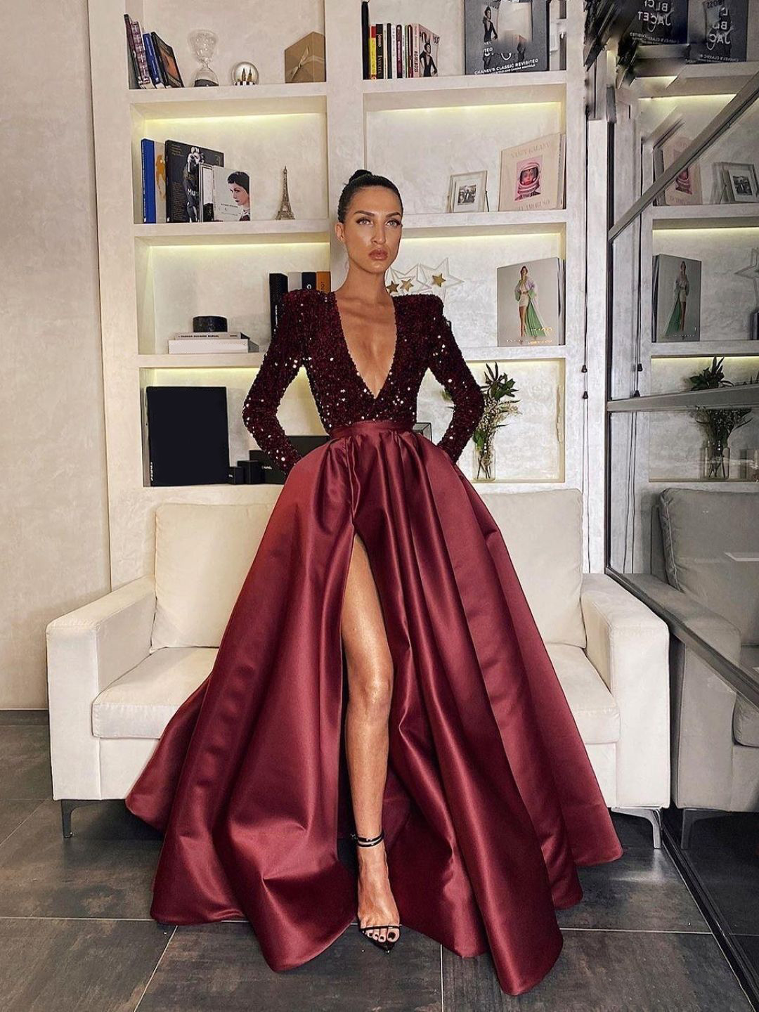 bebe Burgundy Sequin Long Sleeve Plunge V-Neck Gown Dress with High Slit
