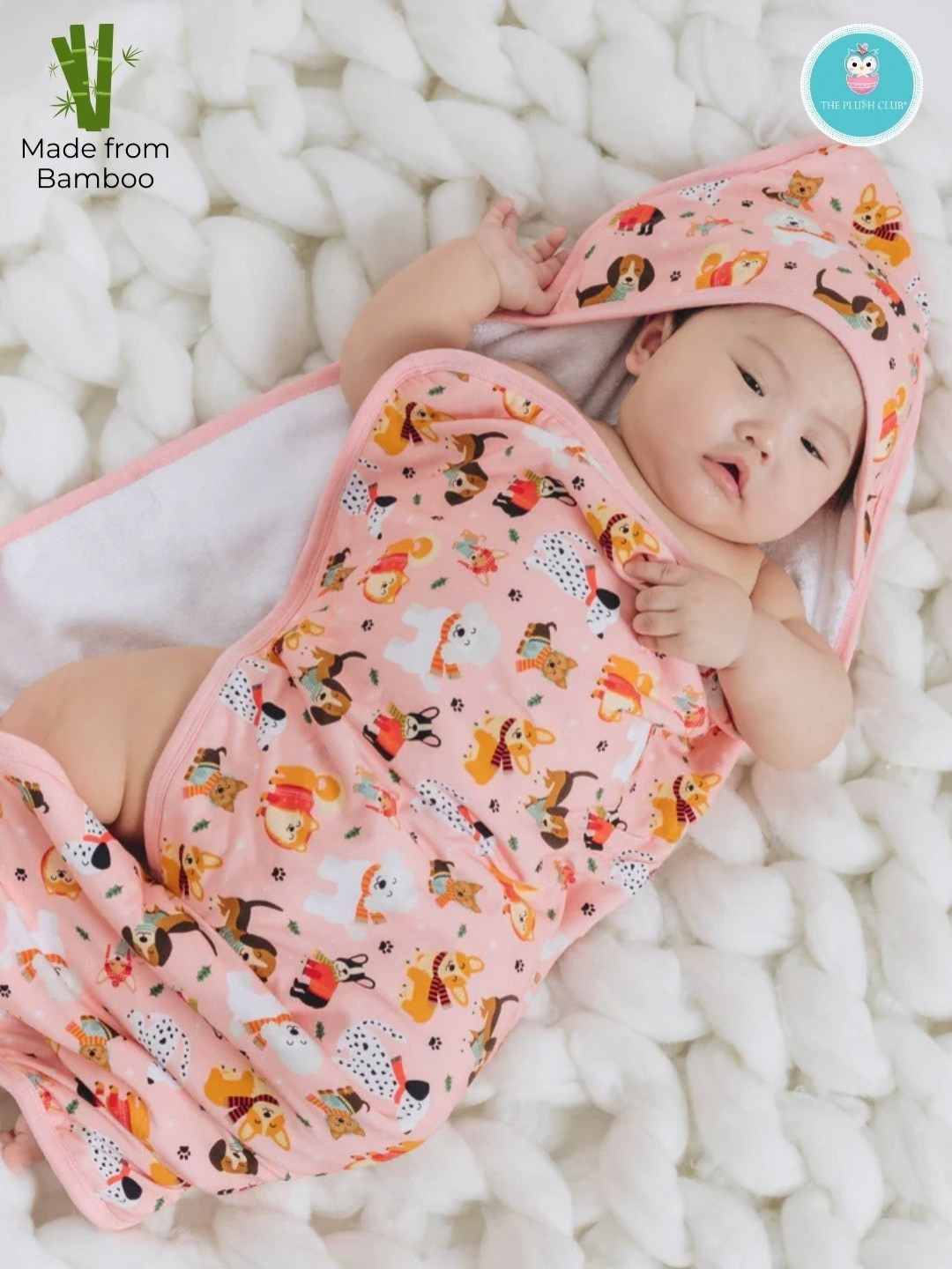 THE PLUSH CLUB Kids Pink & Yellow Animal Printed 350 GSM Bamboo Bath Towel