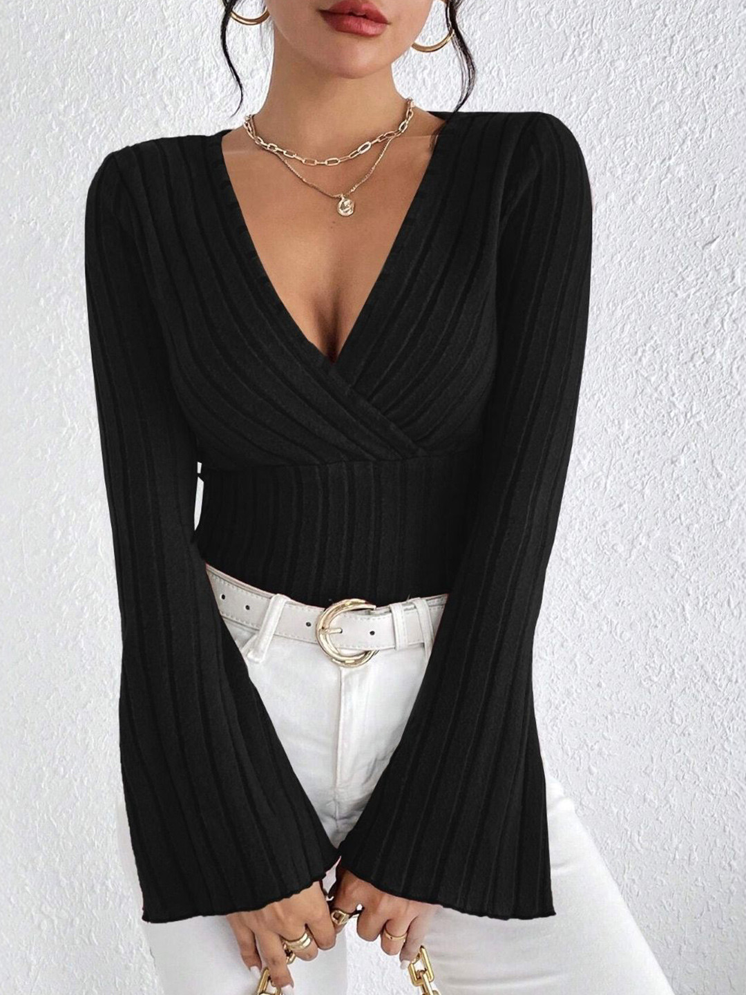 bebe Ribbed Plunge Neck Bell Sleeve Top
