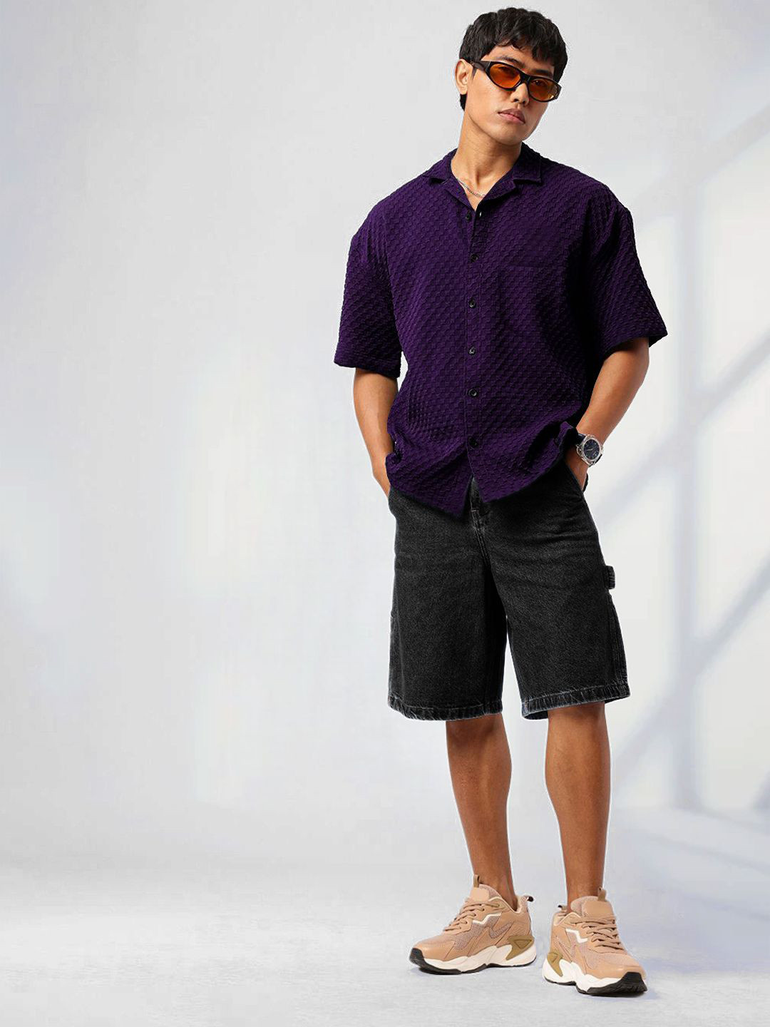 Tee Projekt Standard Geometric Self Design Short Sleeves Casual Popcorn Shirt