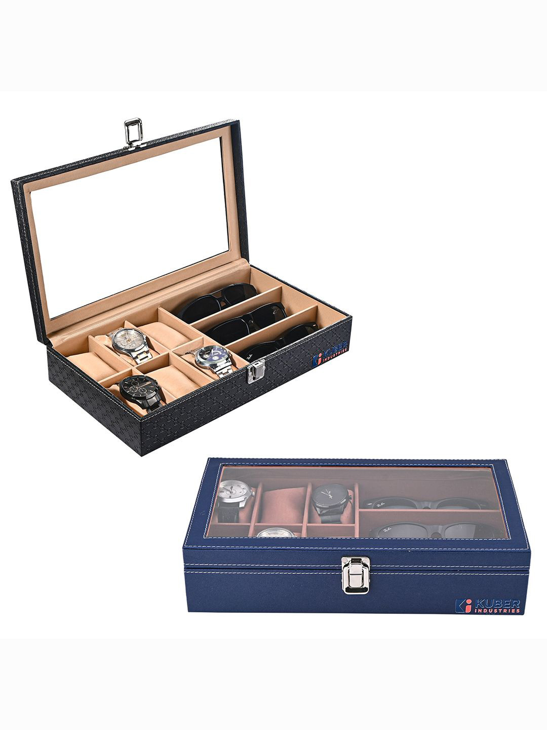 Kuber Industries 2-Pcs Black & Navy Blue Watch Organiser Box
