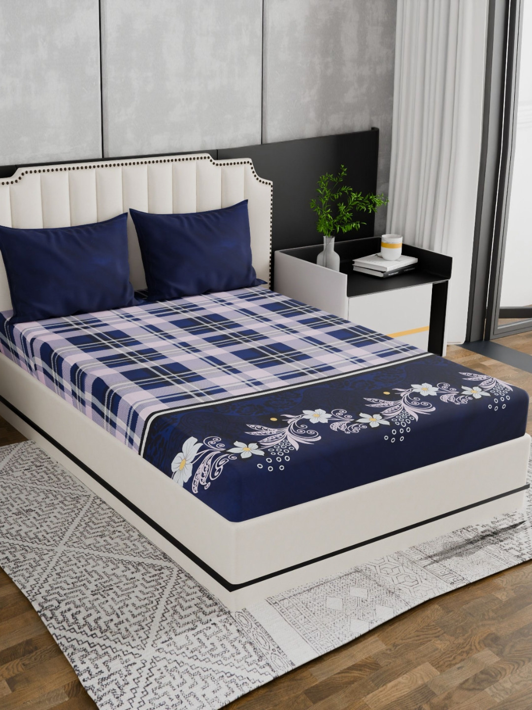 Nivasam Navy Blue Floral Polycotton 186 TC Fitted King Fine Bedsheet with 2 Pillow Covers-198 x 182 cm