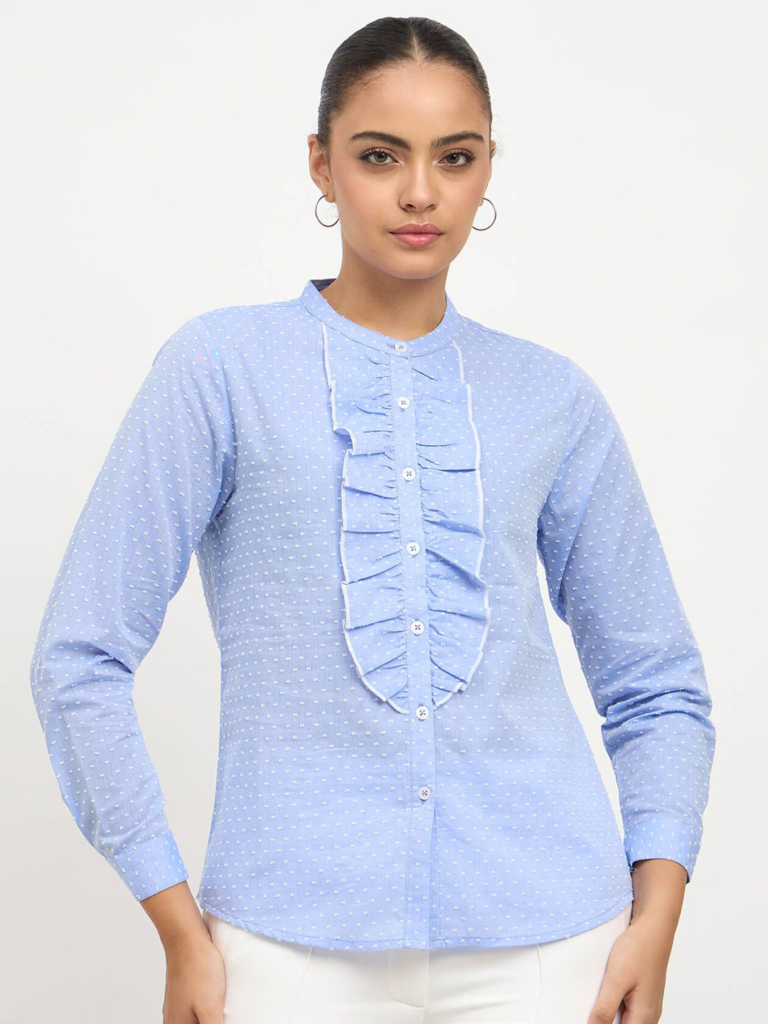 SALT ATTIRE Smart Self Design Ruffles Band Collar Cotton Casual Shirt