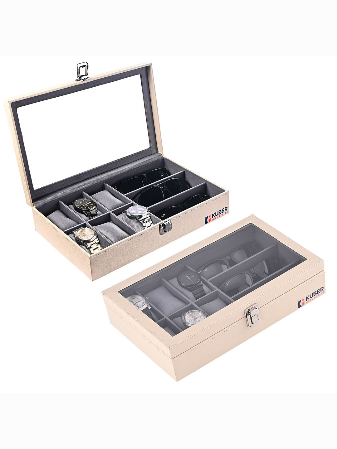 Kuber Industries 2-Pcs Cream Color & Grey 6+3 Slots Watch Organizer Box