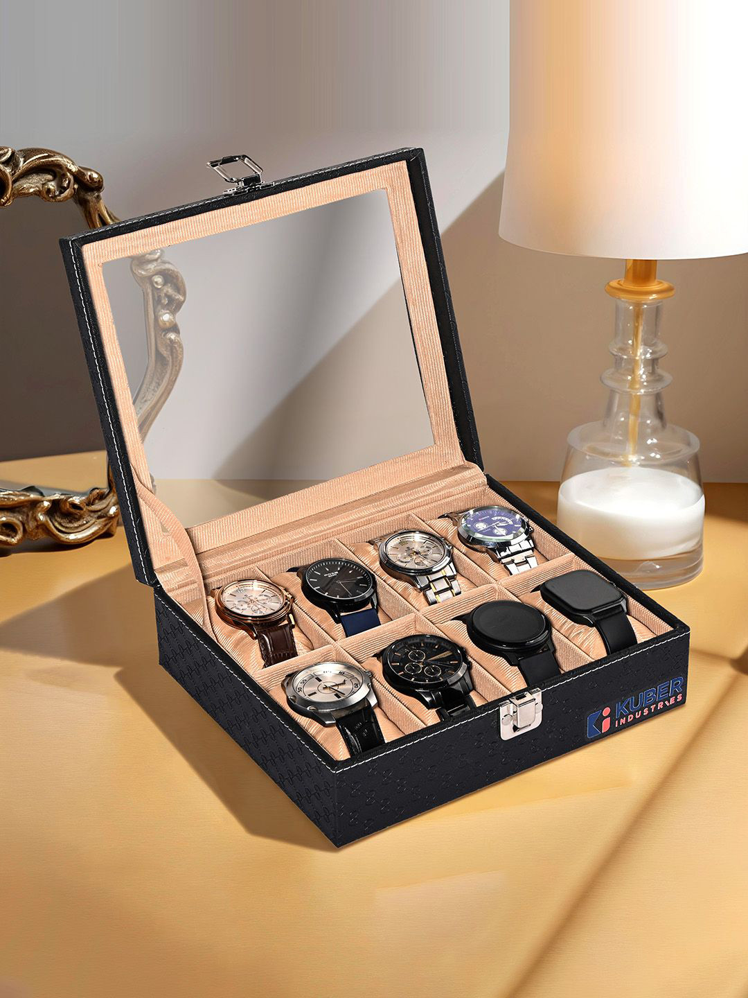 Kuber Industries Men 8 Slots Black Wrist Watch Organiser watch box for storage