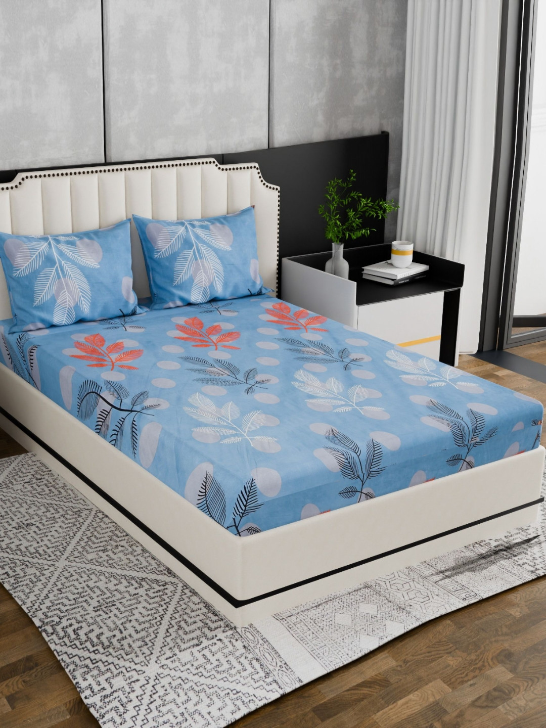 Nivasam Spade Blue Floral Polycotton 186 TC Fitted King Fine Bedsheet with 2 Pillow Covers-78 x 72 inches