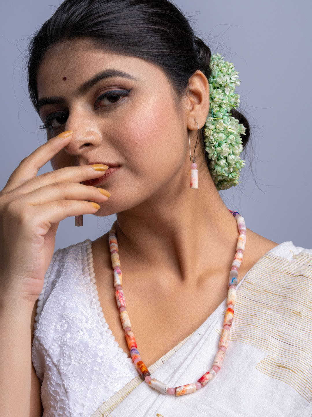 Look and Adorn Agate Rose Quartz Stone Necklace Set with Earrings