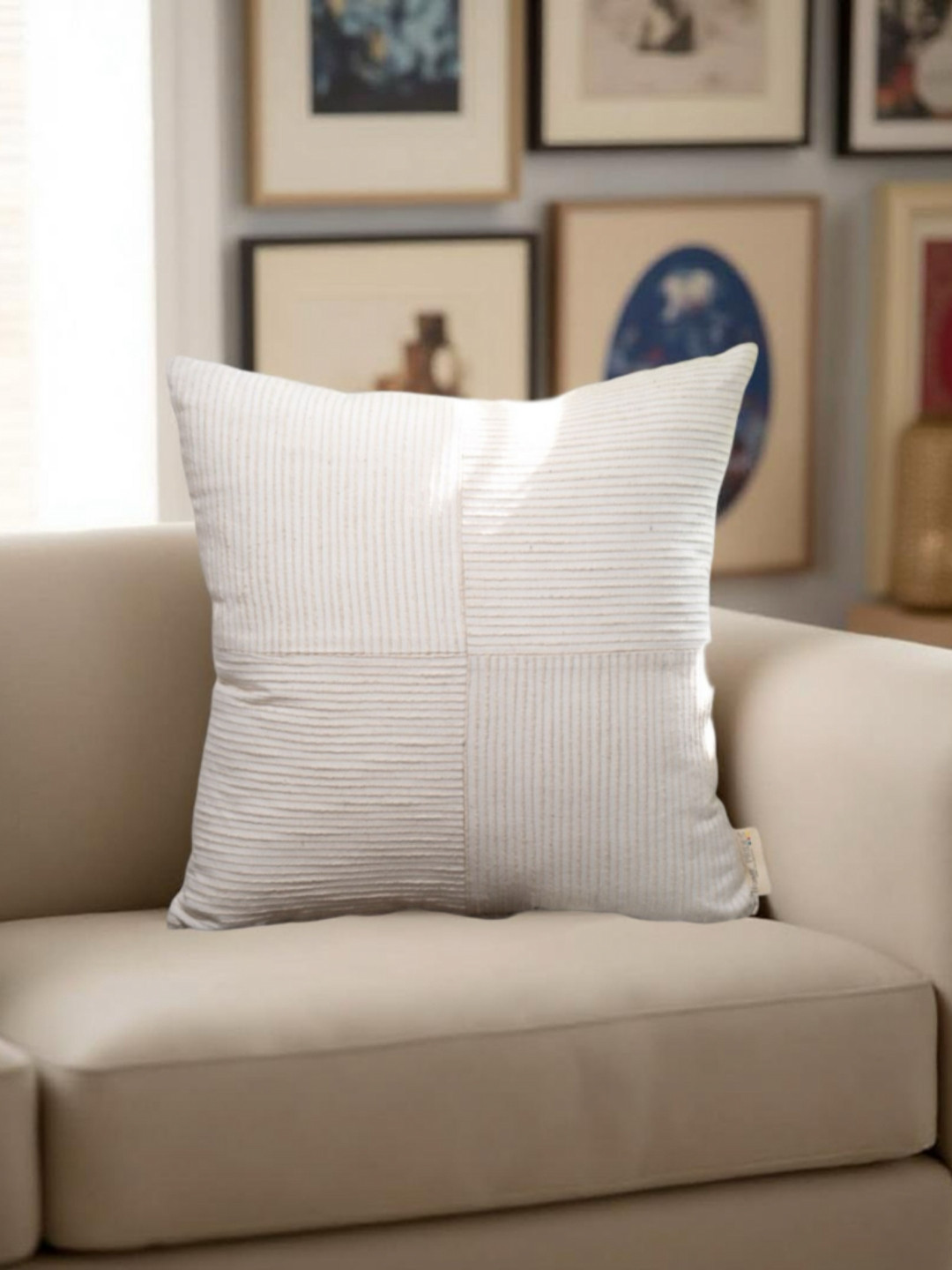 Home Prides 2 Pieces White & Beige Striped Square Linen Cushion Covers