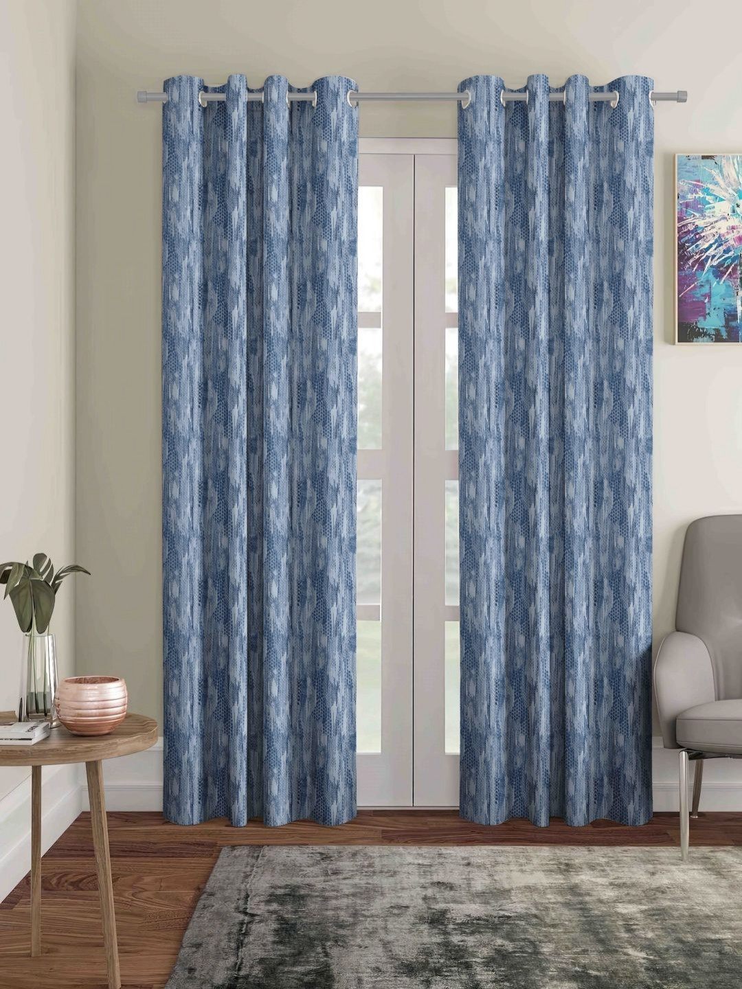 Myntra Elegant Homes Navy Blue & Grey 2 Pieces Geometric Printed Black Out Door Curtains