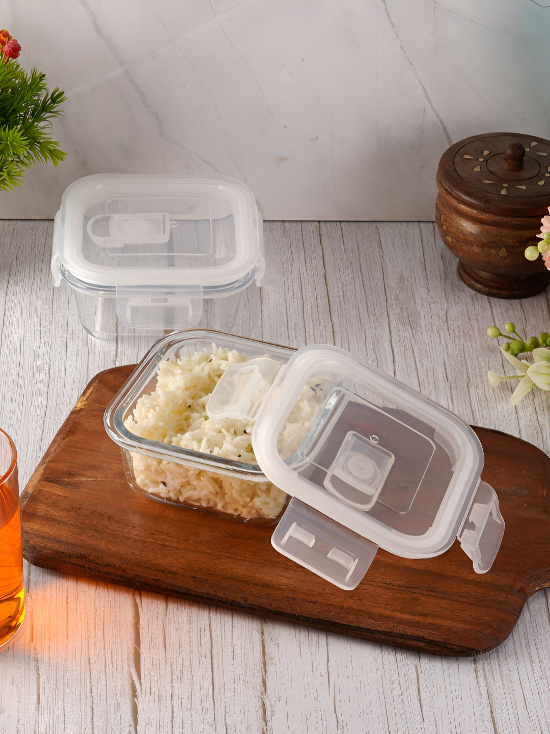 Aura Glass Dishwasher and Microwave Safe 2PCs Lunch Box With Spoon and Fork