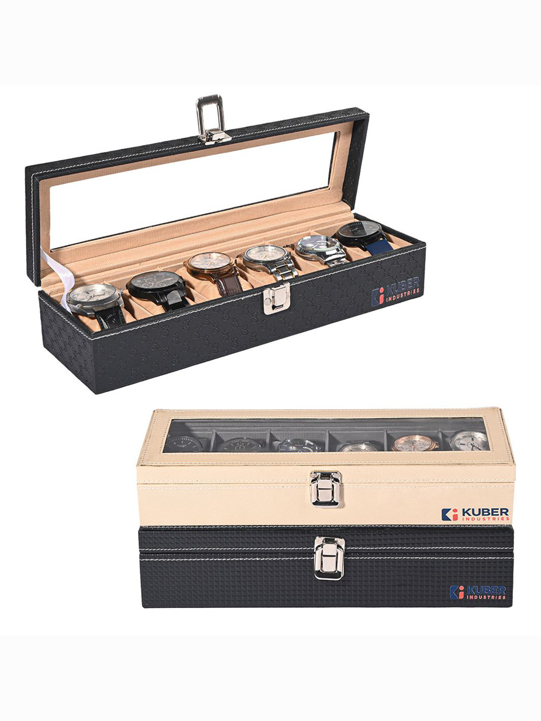 Kuber Industries 3 Pcs Black & Grey Unique Design Watch Organizer Box