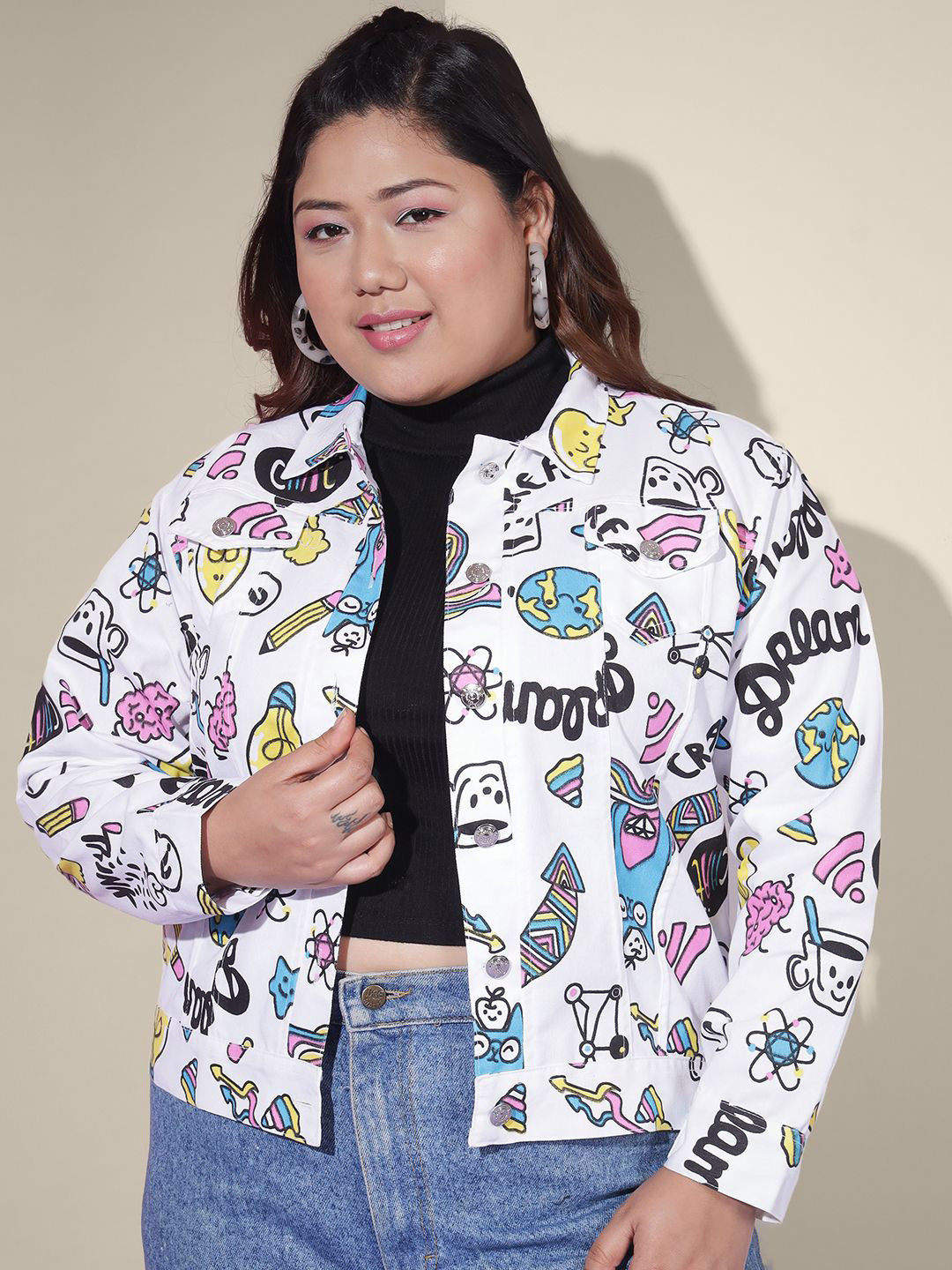 QIOA Graphic Printed Lightweight Spread Collar Denim Jacket
