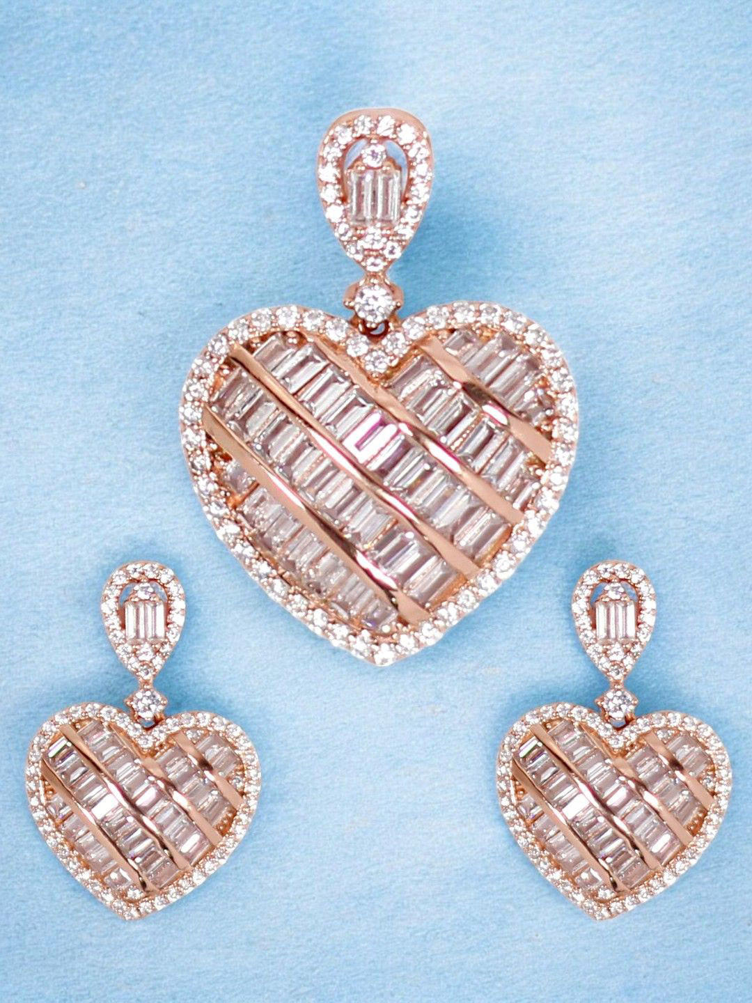 Taraash Rose Gold-Plated Baguette & Cubic Zirconia-Studded Pendant Set
