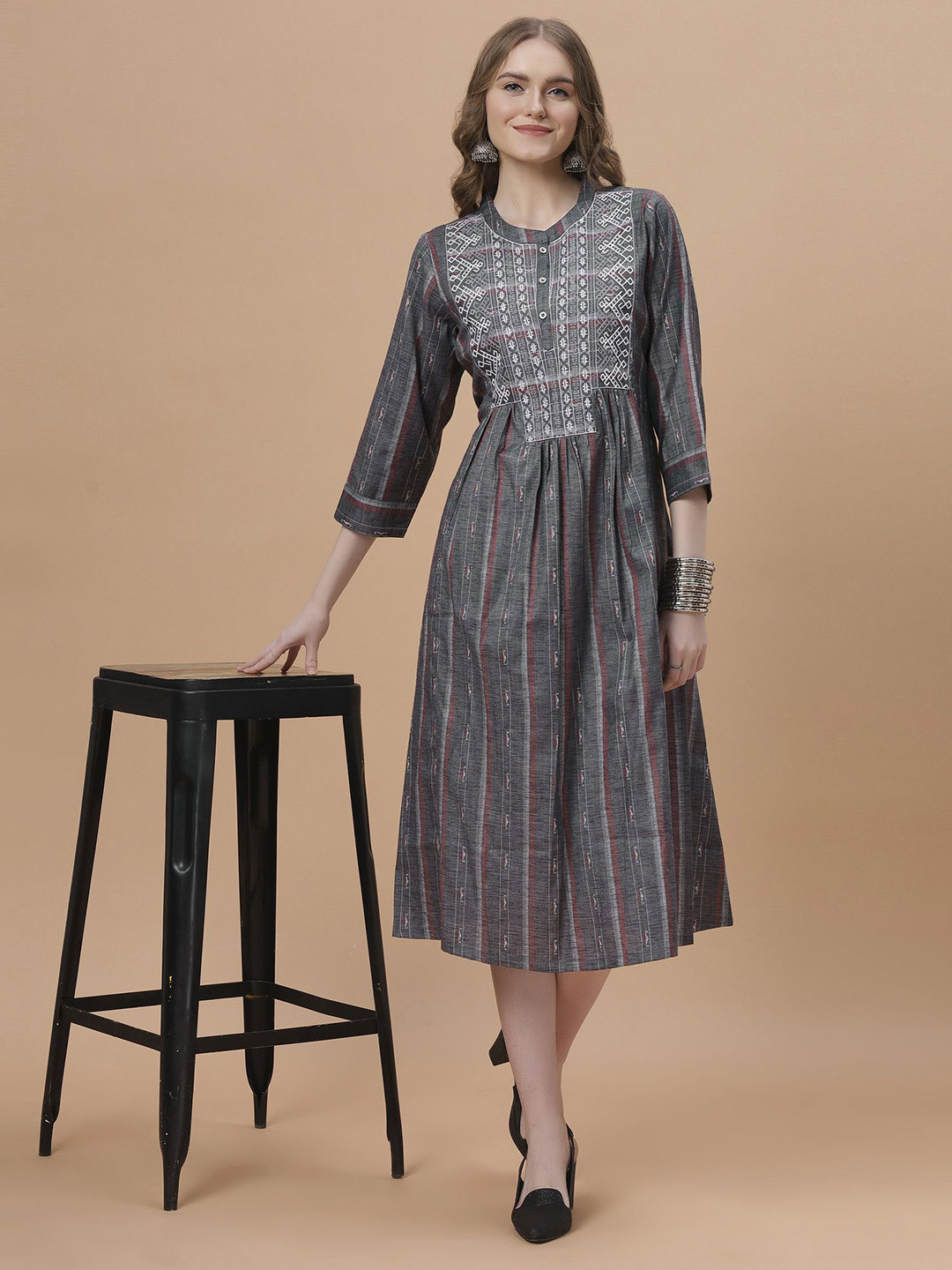 FANTASIA Women Striped Print Mandarin Collar A-Line Midi Dress