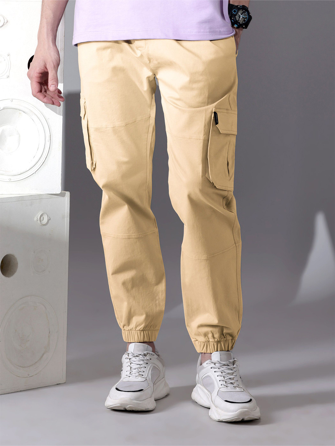 Beyoung Men Tan Yellow Dual Pocket Cargo Joggers