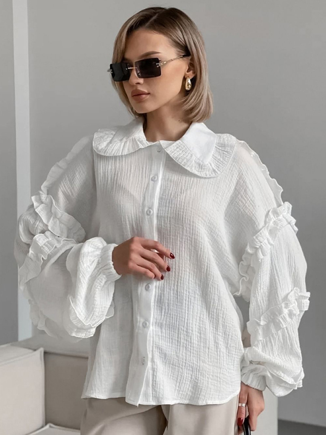 bebe White Ruffled Peter Pan Collar Tiered Ruffle Sleeve Top