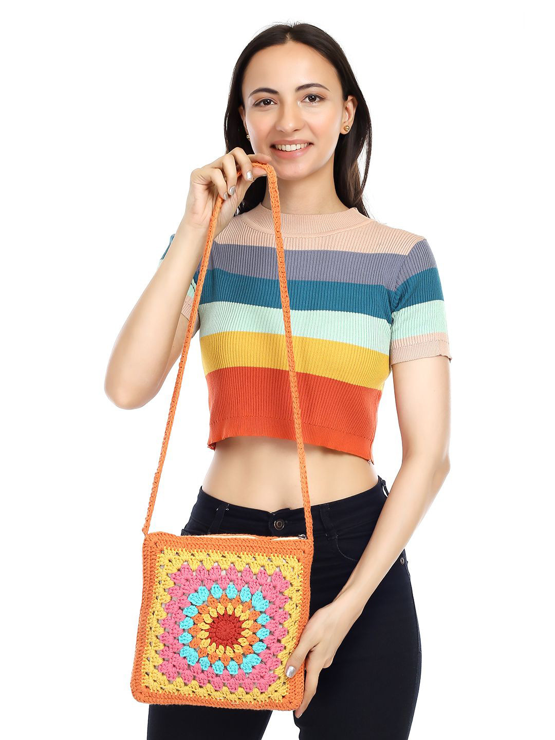 ITIHASIKALA Ethnic Motifs Striped Granny Patch Crochet Cotton Structured Sling Bag