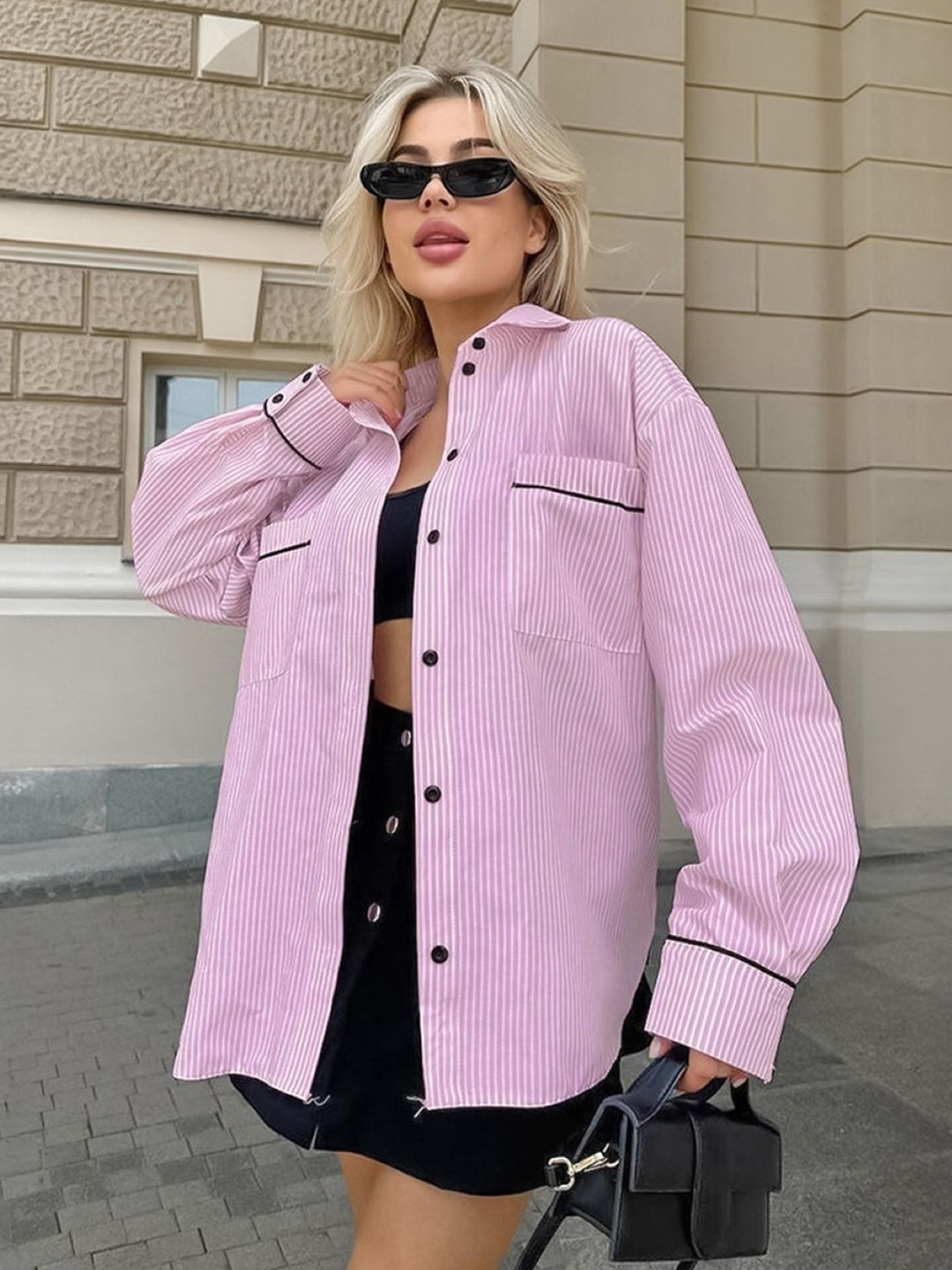 bebe Pink Pinstripe Oversized Collared Shirt with Black Piping Trim