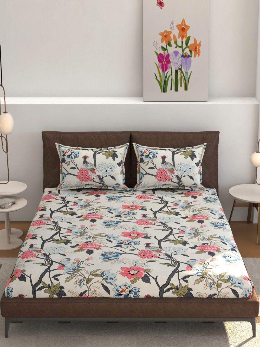 MOGNE FAB Vega Collection White Floral Cotton 210 TC Fitted King Bedsheet with 2 Pillow Covers-90 x 100 inches